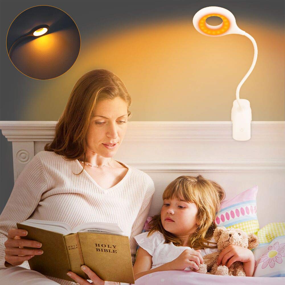 Rechargeable 16 LED Clip On Reading Light - Adjustable Amber Desk Lamp with 5 Brightness Levels & Touch Control | Dimmable Book Light for Bed Headboard, Nightstand & Gentle Night Reading (Perfect for Bedtime Stories, Studying & Cozy Reading)