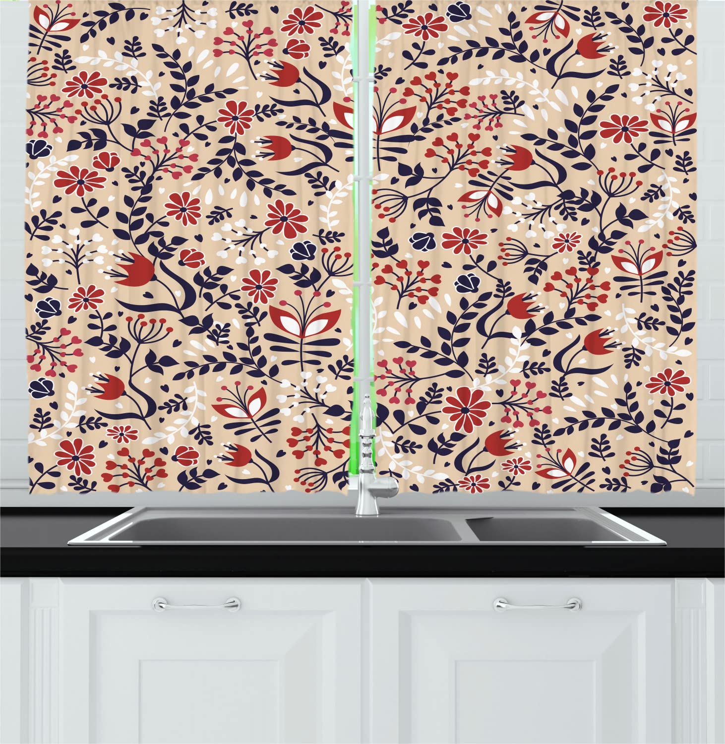 Ambesonne Floral Long Kitchen Curtains - Abstract Art Flowers & Leaves Print, 2 Panel Drapes with Rod Pocket, 55x45 Inches, Beige Red White - Perfect for Farmhouse, Cottage & Boho Home Decor