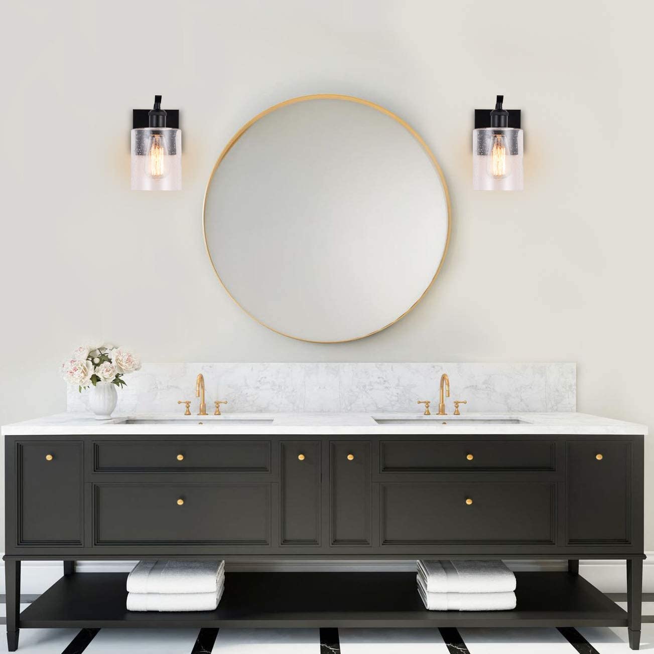 Black Wall Sconces Set of 2 - Farmhouse Vanity Light Fixtures with Bubbled Glass Shade for Bathroom, Bedroom, Living Room, Hallway & Kitchen - Perfect for Home Decor and Ambient Lighting