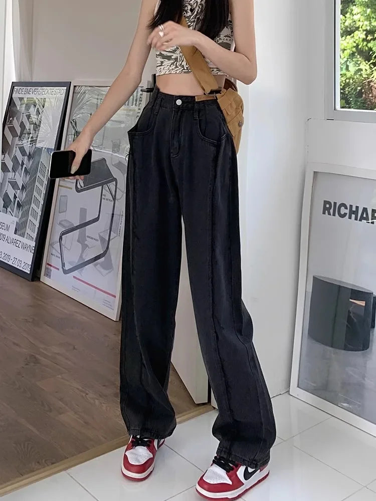 Vintage High Waist Straight Leg Jeans for Women - Retro Y2K Denim Pants with Pockets, Hip Hop Streetwear, Grunge Fashion - Perfect for Casual Outfits, Spring Wear, and Everyday Style