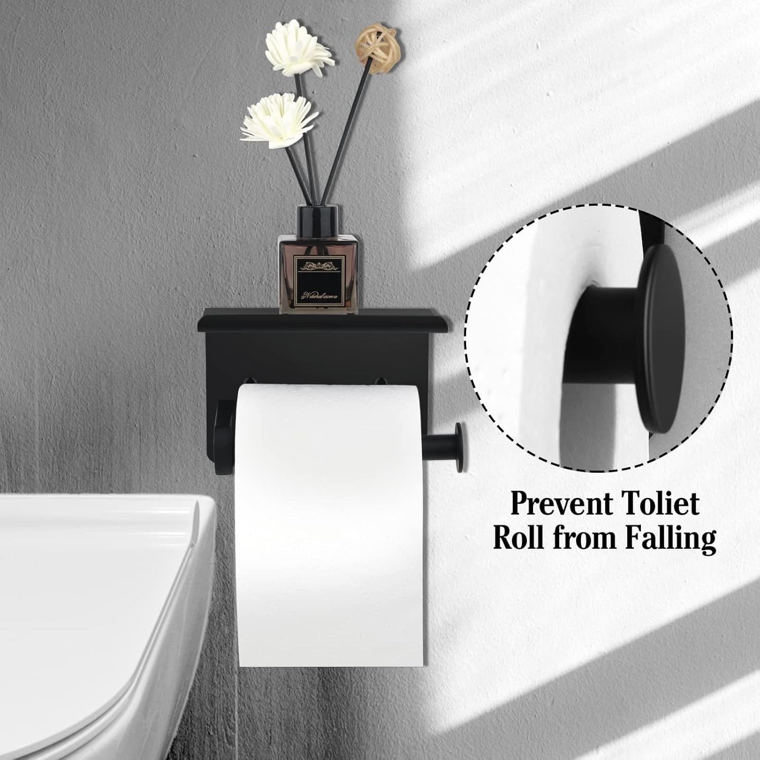 Matte Black Wall Mount Toilet Paper Holder with Shelf - Screw or Self-Adhesive Bathroom Tissue Roll Holder for Home, Washroom & Restroom | Space-Saving Bathroom Organizer for Small Spaces