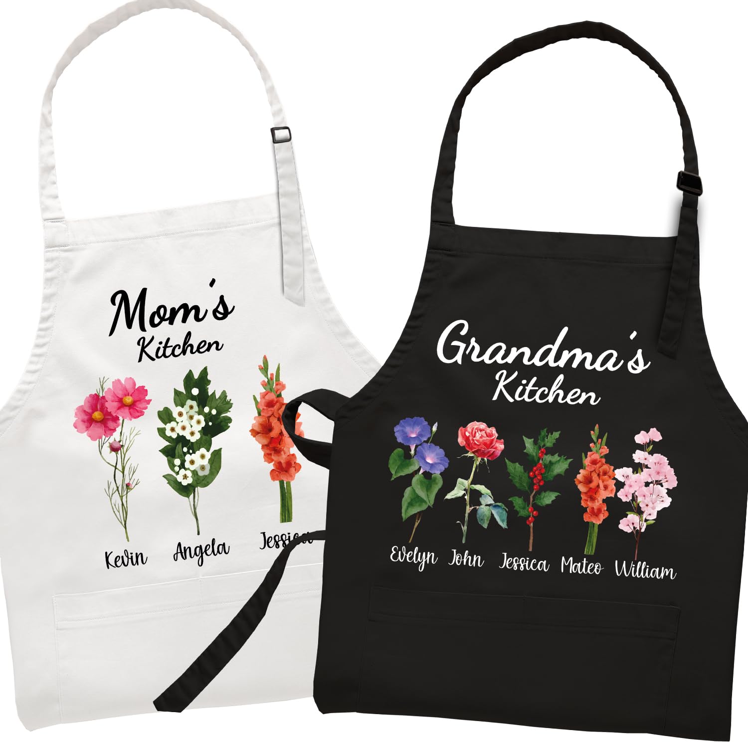 Personalized Apron for Women - Christmas, Birthday & Mother's Day Gift Ideas - Floral Design Kitchen Apron for Mom & Grandma - Perfect for Cooking, Baking and Gardening Activities