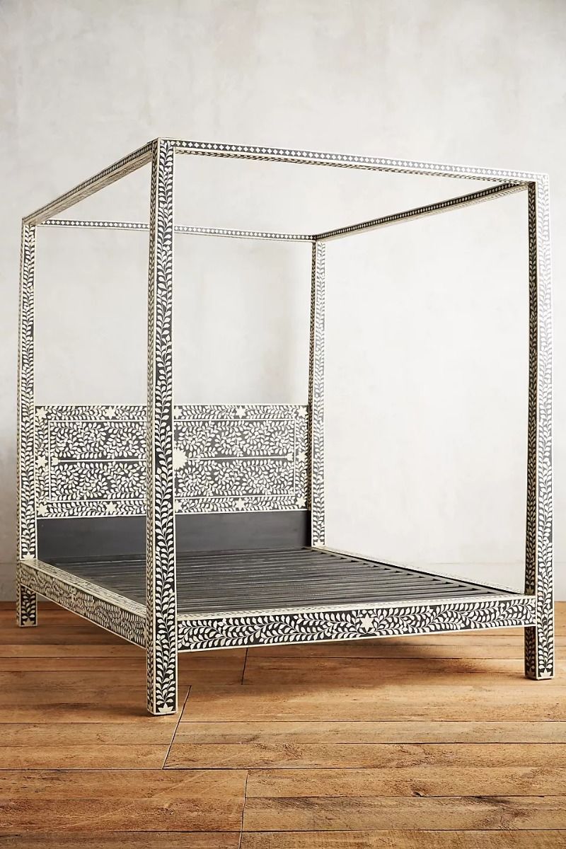 Handmade Bone Inlay Canopy Platform Bed Frame - Queen Size Black Wooden Bed for Master Bedroom Decor | Luxurious Boho Chic Style Bedroom Furniture for Home & Hotel Use