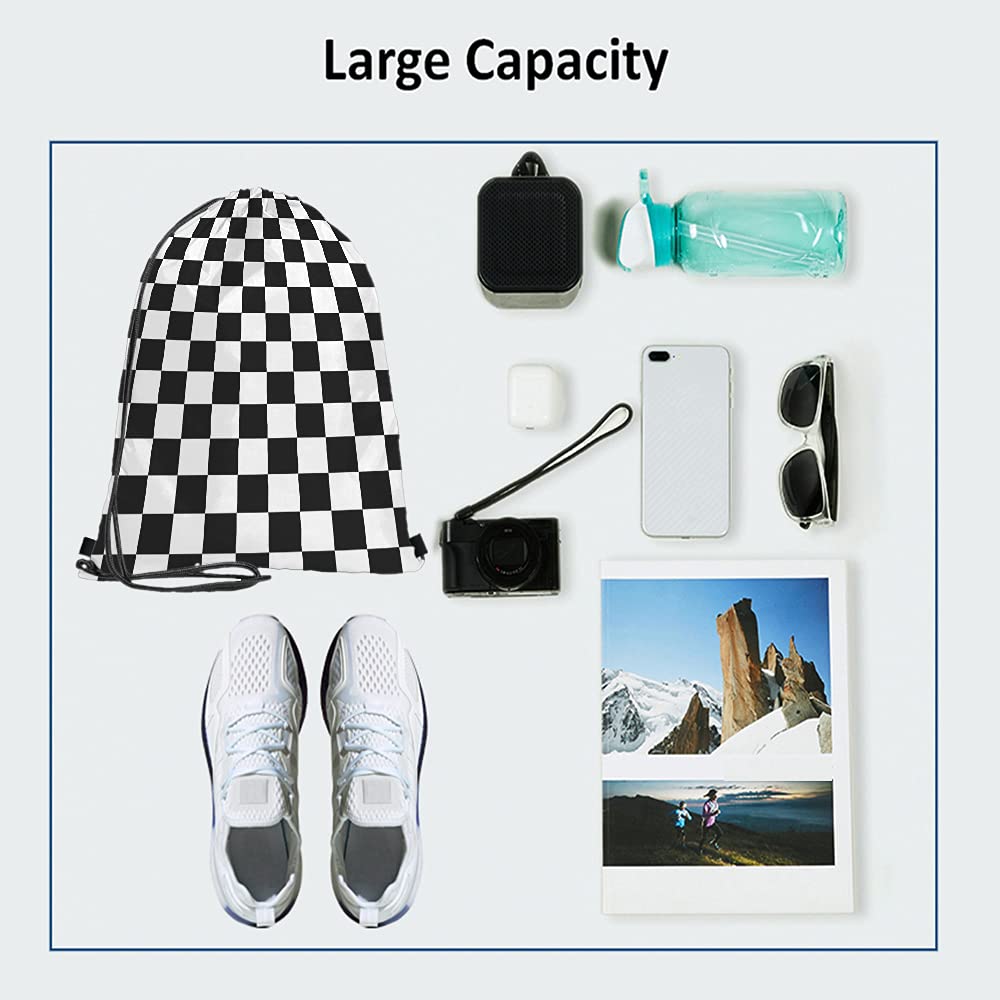 Checkerboard Drawstring Backpack - Black & White Geometric Plaid Pattern Gym Sack for Sports, Yoga, Chess & Racing | Durable String Bag for Men & Women | Perfect for Gym, Travel & Outdoor Activities