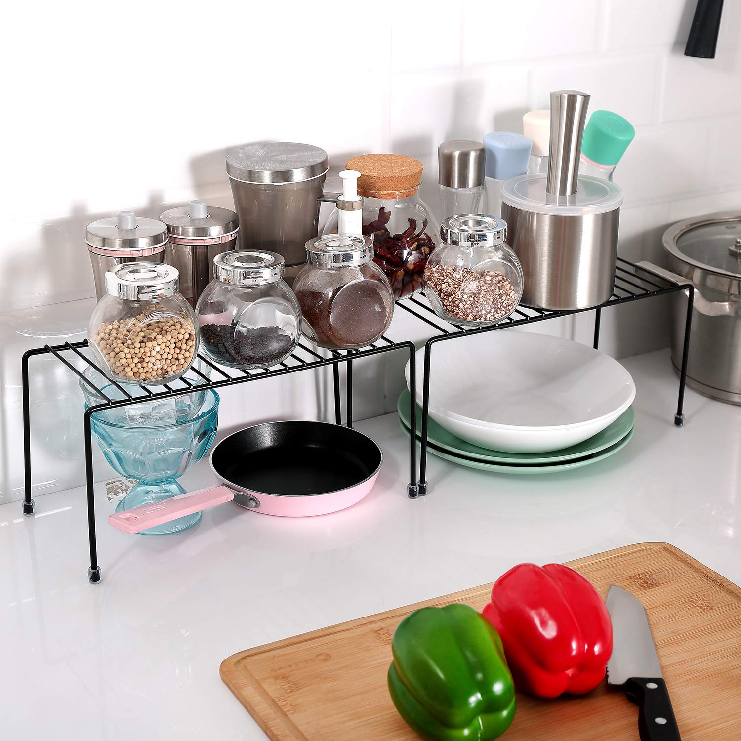 2 Pack Black Kitchen Shelves - Cabinet Organizer Mini Storage Shelf for Spices, Utensils & Pantry Items - Space Saving Home Organization Solution