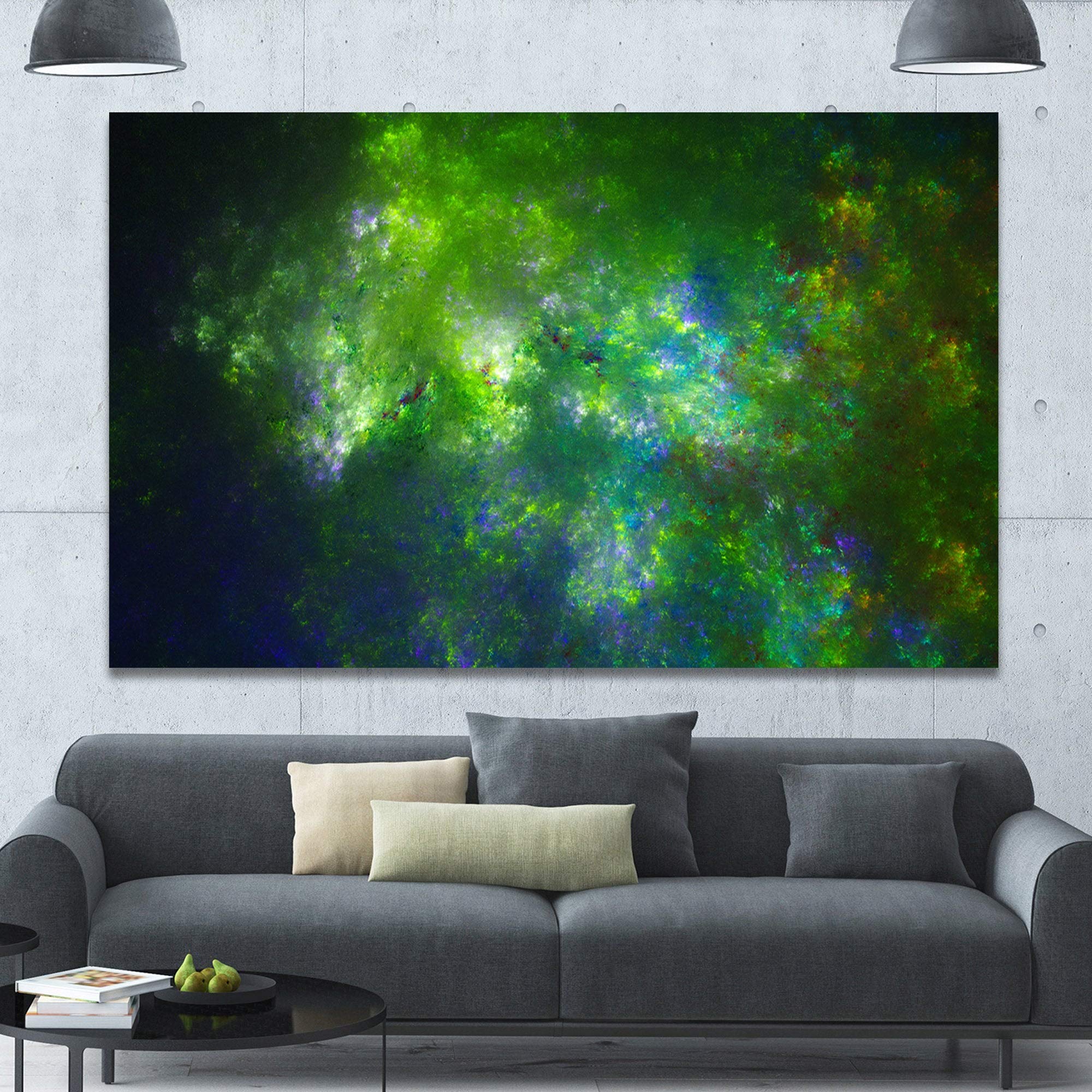 Green Fractal Sky with Blur Stars - Extra Large Abstract Canvas Wall Art Print 40x30 Inches - Modern Home Decor for Living Room, Bedroom & Office
