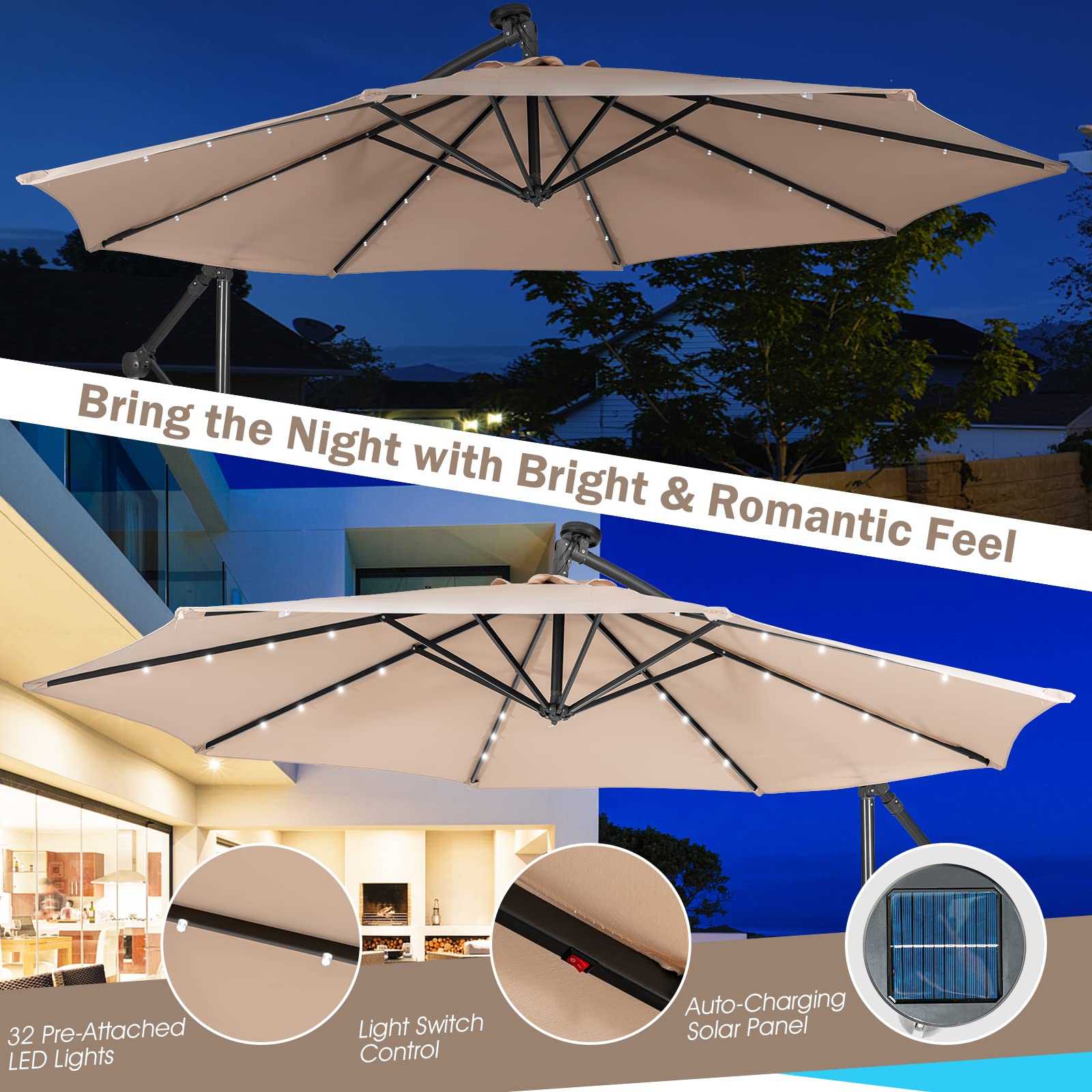 Giantex 10 Ft Solar Powered LED Patio Umbrella with 8 Ribs & Tilting Adjustment - Heavy Duty Cantilever Outdoor Umbrella for Pool, Garden, Deck, and Backyard Relaxation