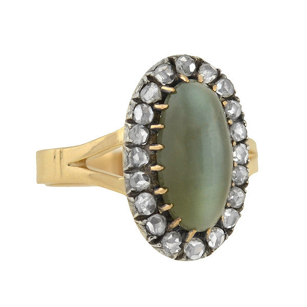 Victorian Style 14K Gold & Silver Cat's Eye Chrysoberyl Diamond Cluster Ring for Women - Elegant Vintage Jewelry for Weddings, Anniversaries & Special Occasions