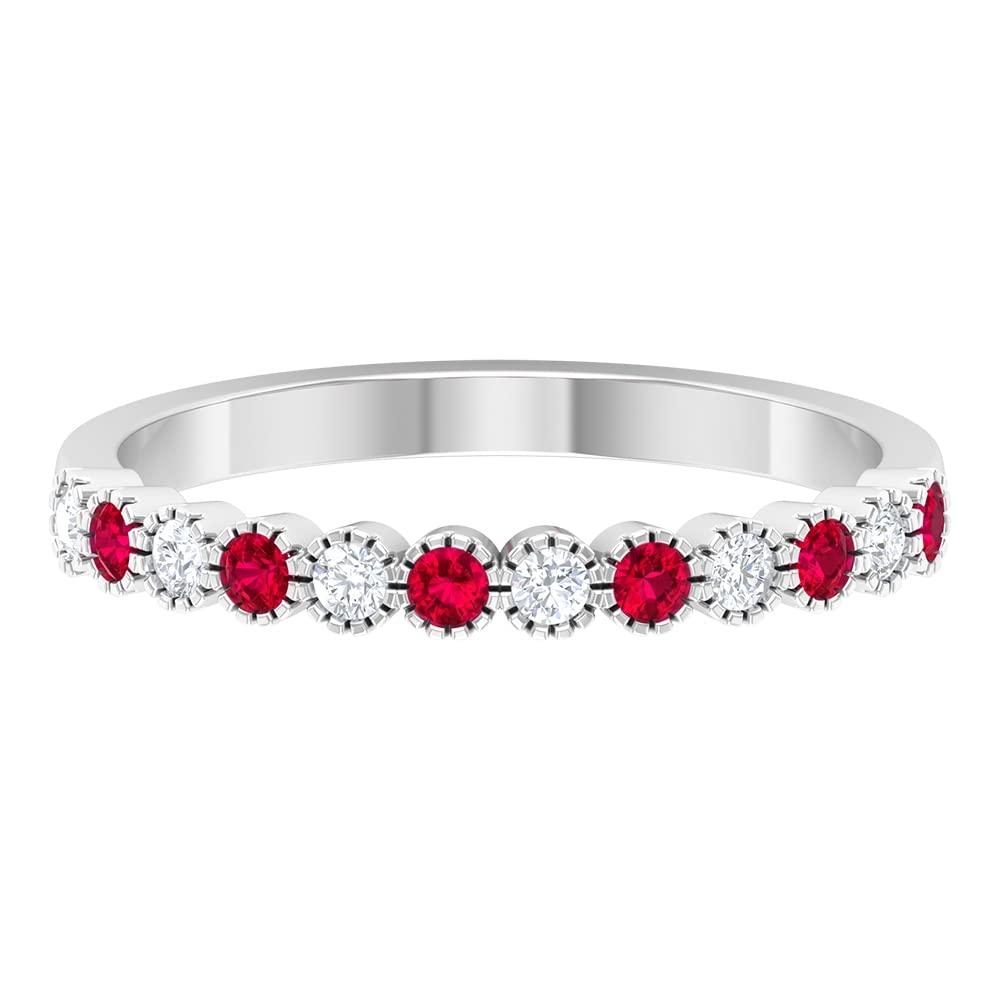 0.50 CT Ruby and Diamond Milgrain Half Eternity Ring - 14K Solid Gold Bezel Set Engagement Ring for Women, Anniversary Gift, Wedding Band, Valentine's Day Present