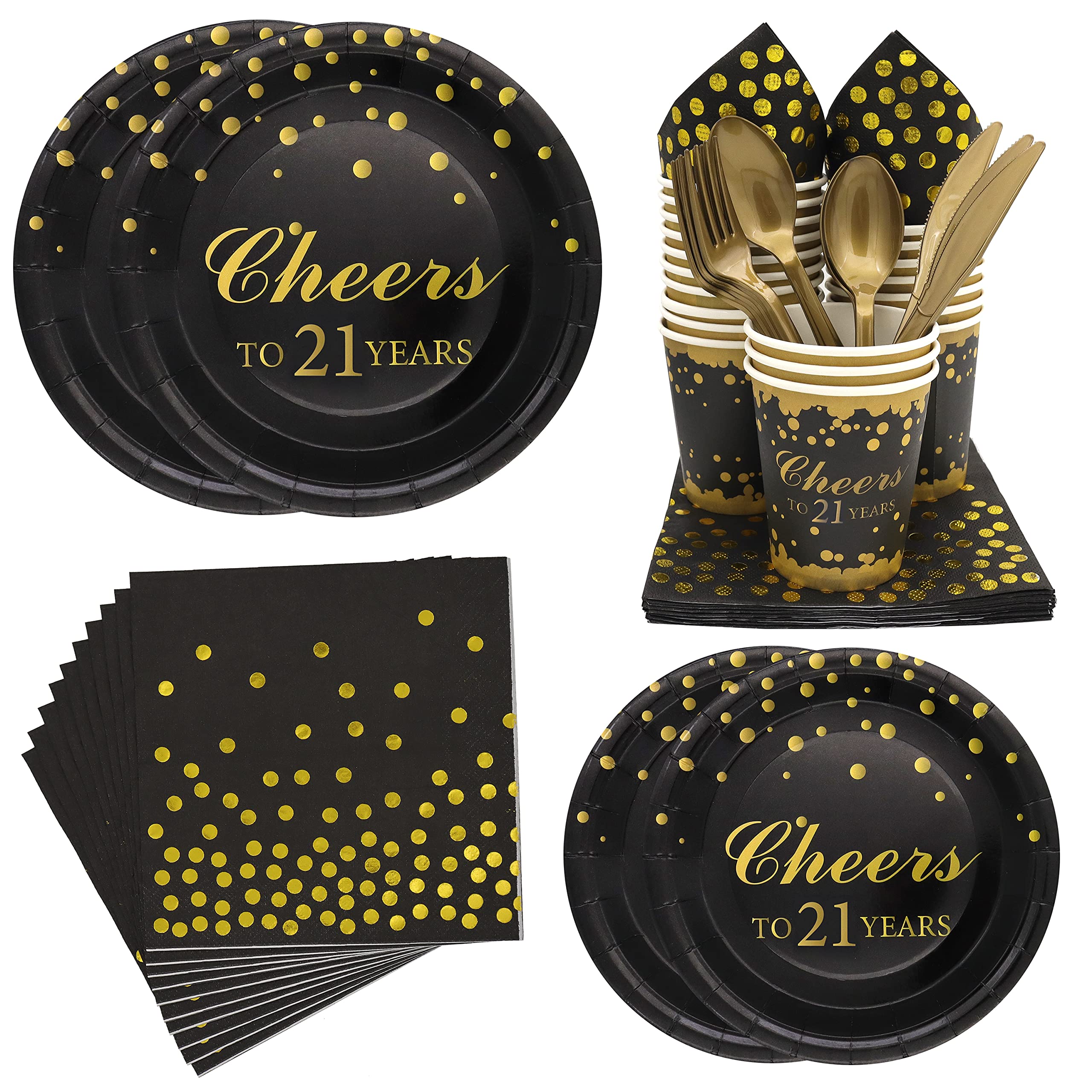 Pandecor 140-Piece Gold Disposable Tableware Set - Cheers to 21 Years - Includes Dinner Plates, Dessert Plates, Cups, Napkins, Forks, Knives & Spoons - Perfect for 21st Birthday Parties, Anniversary Celebrations & Special Events