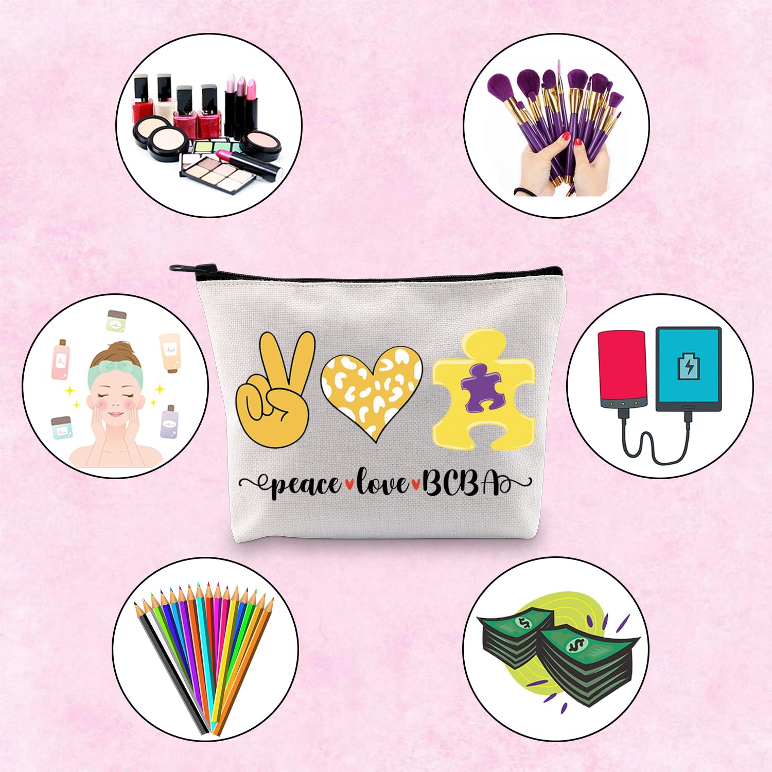 Behavior Therapist Gift - BCBA Zipper Pouch Makeup Bag for Behavior Analysts | Peace Love BCBA Design | Beige Cosmetic Organizer | Perfect for ABA Therapy Sessions & Daily Essentials