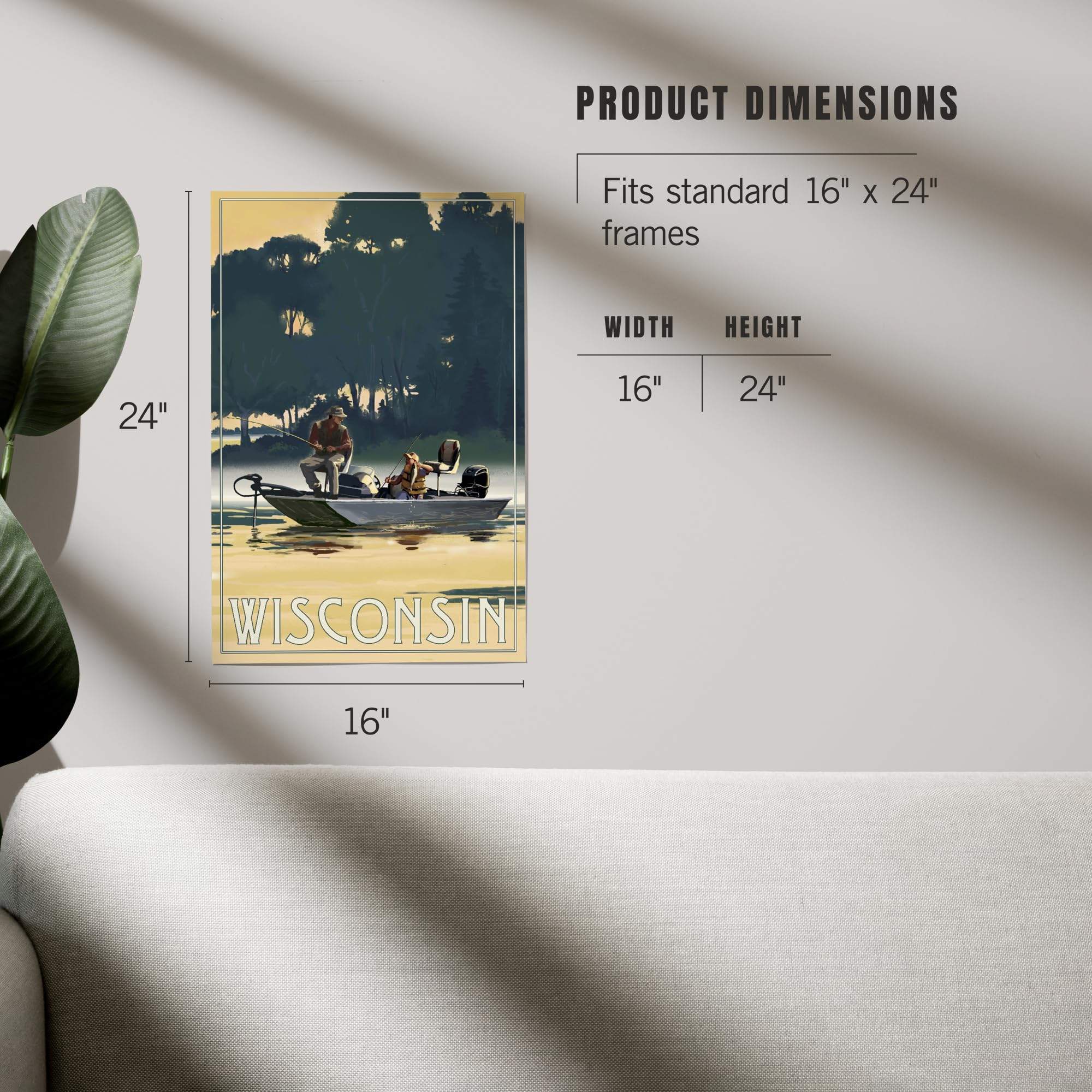 Lantern Press 16x24 Inch Giclee Art Print - Wisconsin Landscape with Fishermen in Boat - Wall Decor for Living Room, Bedroom & Office