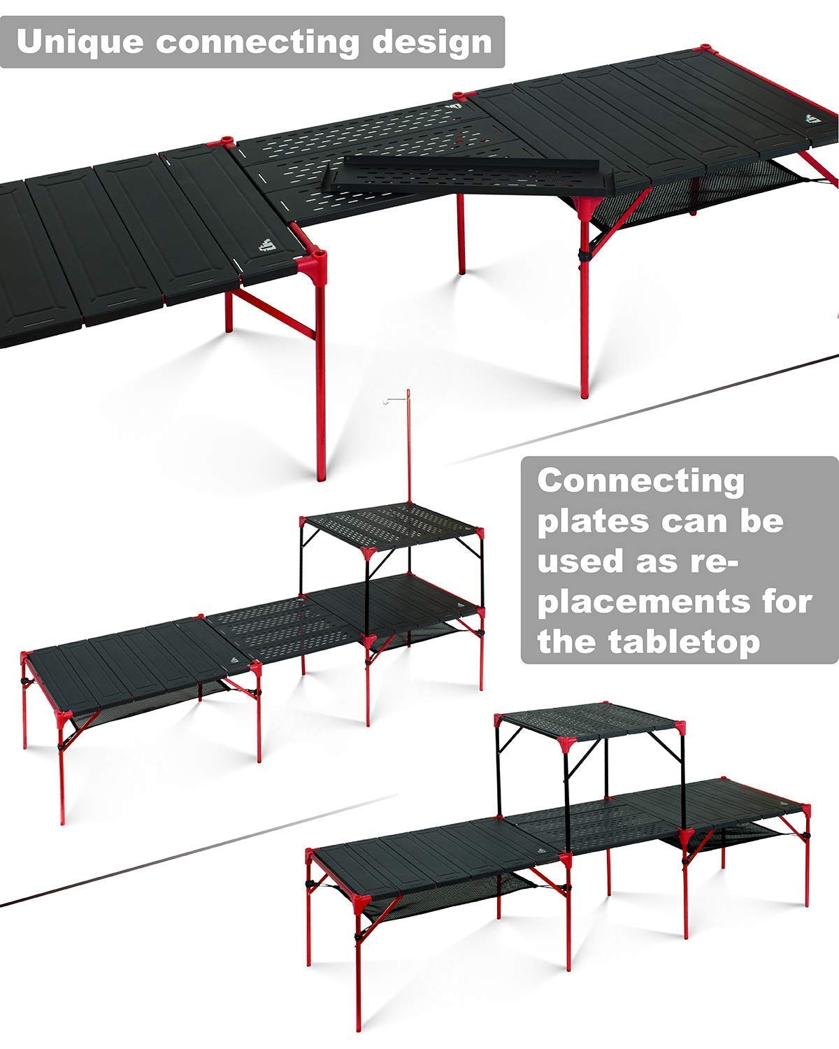 iClimb 2 Extendable Folding Tables with 1 Pack Connecting Plates & 2 Lantern Hangers - Ultralight Compact Portable for Camping, Backpacking, Beach, Concert, BBQ Party | Perfect for Outdoor Picnics, Tailgating & Home Use