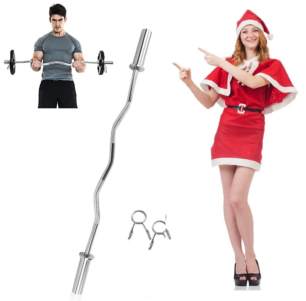 Olympic Barbell EZ Curl Bar - 47 Inch Thick Solid Steel Weightlifting Bar with 2 Spring Collars for Home Gym Strength Training (200LB Capacity) - Perfect for Bicep Curls, Triceps Workouts & Full-Body Exercises