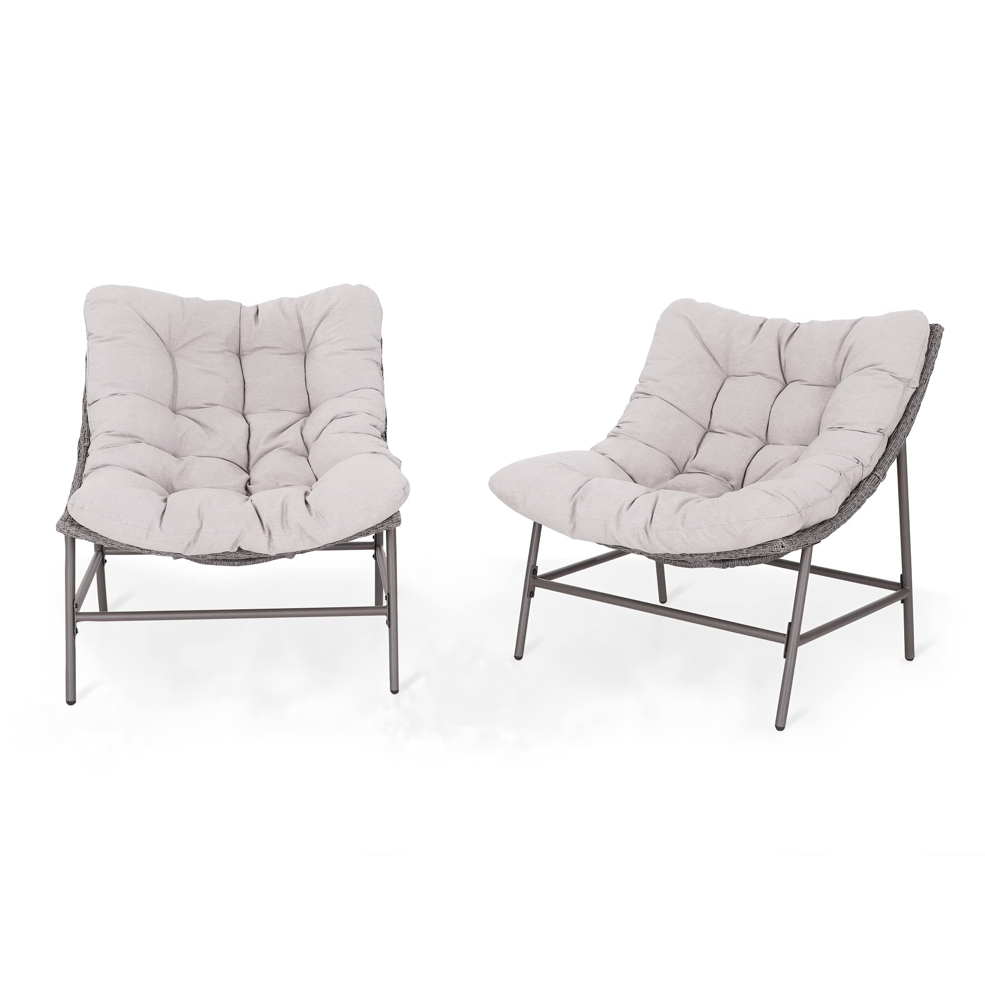 PHI VILLA Outdoor Papasan Chairs Set of 2 - Oversized Wicker Rattan Conversation Chairs with Cushions & Sturdy Steel Frame - Comfy Reading Lounge Chairs for Patio, Porch, Deck, Balcony & Garden - Perfect for Relaxing, Sunbathing & Outdoor Conversations