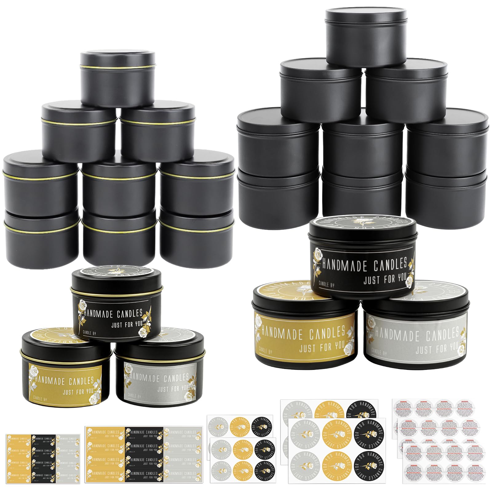 CONNOO 24 Pack Candle Tins - 12pcs 8oz & 12pcs 4oz Matte Black Empty Candle Jars with Lids for DIY Candle Making, Storage & Gifts - Includes Sticky Warning Labels - Perfect for Home Decor, Wedding Favors & Aromatherapy