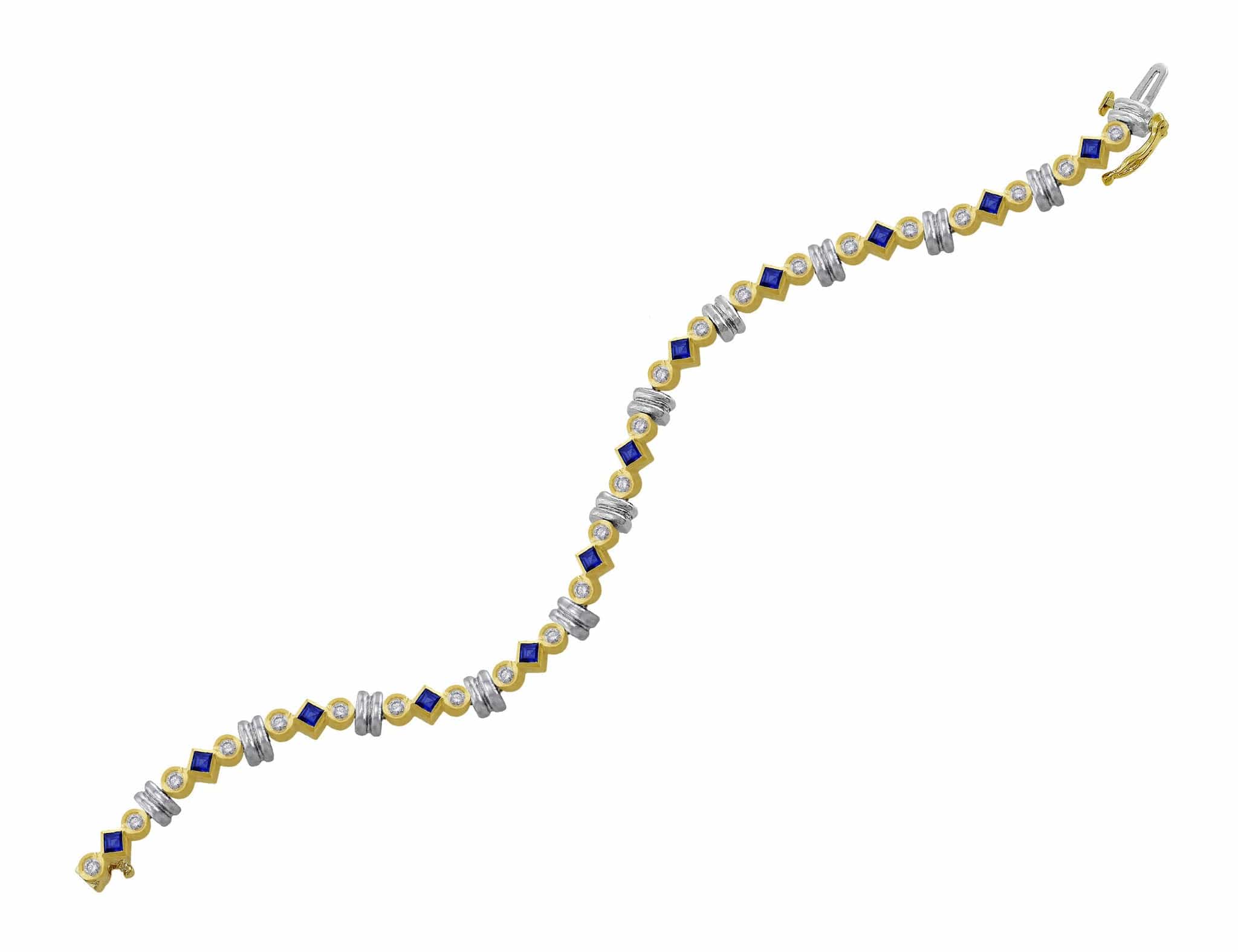 14Kt Yellow Gold Princess Cut Sapphire & Diamond Tennis Bracelet for Women - Elegant Jewelry Gift for Anniversary, Birthday & Special Occasions