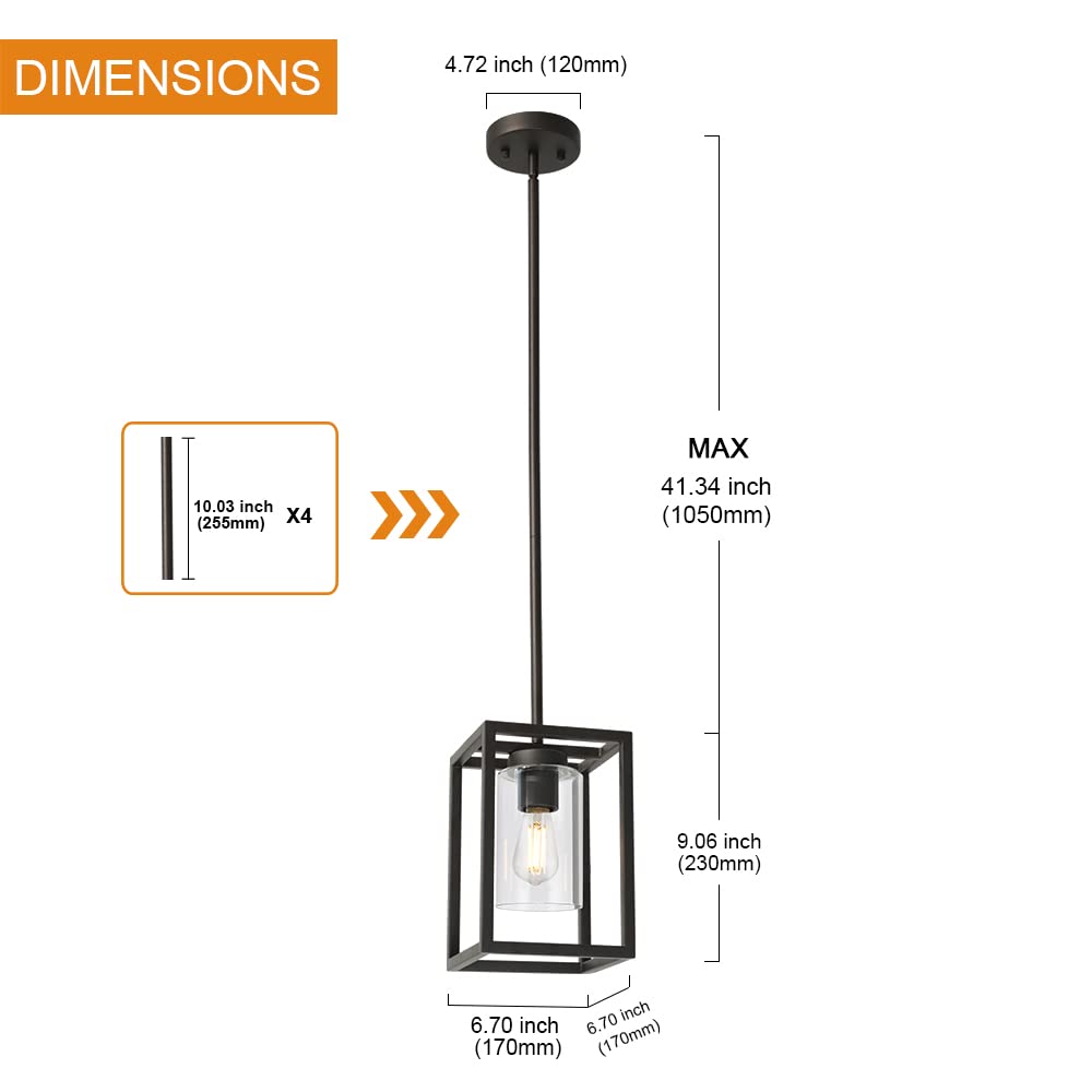 VINLUZ Modern 1-Light Cage Kitchen Island Pendant Light with Glass Shade, Oil Rubbed Bronze Chandelier for Dining Room, Bedroom, Hallway - Semi Flush Mount Ceiling Lighting Fixture for Kitchen, Living Room & Entryway