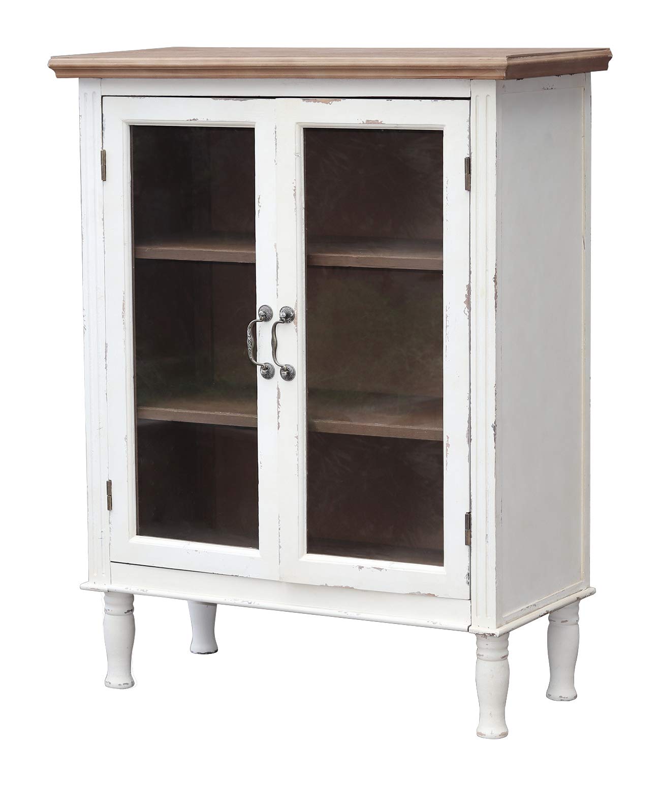 Vintage Farmhouse Wood Storage Cabinet with 2 Glass Doors & 3 Shelves - Rustic Bathroom, Kitchen, Living Room Organizer - Display Cabinet in Natural Wood/Distressed White - 42.75