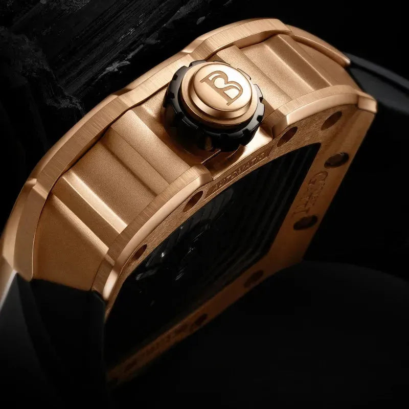 BONEST GATTI Men's Automatic Mechanical Watch - German Engine Tonneau Skeleton Design, Waterproof, Sapphire Glass, Luminous Hands, Fluororubber Strap - Perfect for Business, Formal Events & Luxury Gift Giving