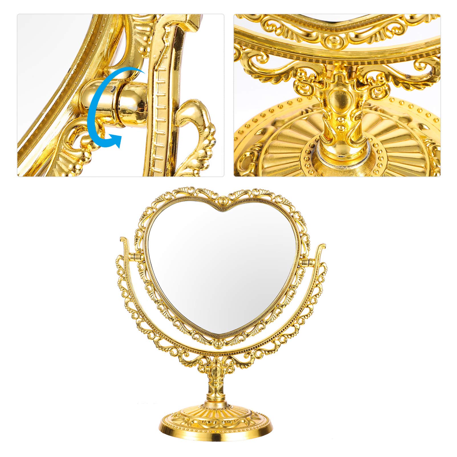 Two-Sided Swivel Vanity Mirror with Heart Design - Gold Tabletop Makeup Mirror for Dressing Table, Desk & Beauty Station - Perfect for Home, Bedroom, Bathroom & Travel Use