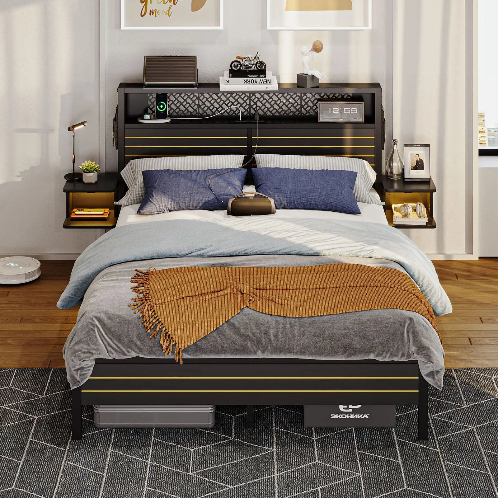 Bestier Queen Bed Frame with Horizontal Golden Stripe Storage Headboard - Modern Platform Bed with Underbed Storage - Perfect for Small Bedrooms, Guest Rooms & Apartments