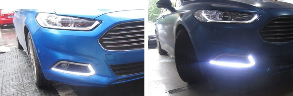 iJDMTOY LED Daytime Running Lights & Halogen Fog Lamp Kit for 2013-2016 Ford Fusion - Includes DRL Fog Bezels, Halogen Fog Lights & Wiring Harness - Perfect for Enhanced Visibility & Style on Night Driving and Bad Weather Conditions