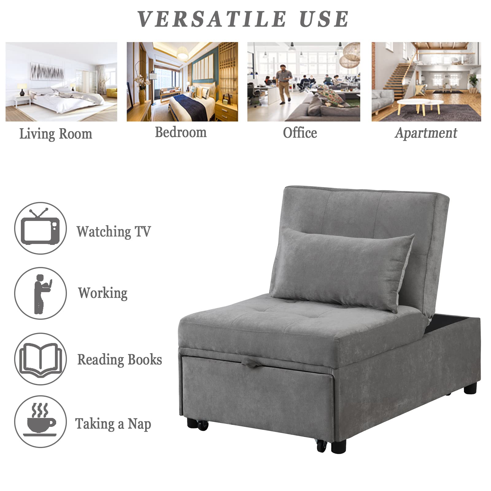 Antetek 4-in-1 Convertible Chair Bed - Multi-Functional Folding Ottoman Sofa Sleeper with Adjustable Backrest, Space Saving Guest Bed for Small Apartments, Dorms & Living Rooms | Perfect for Overnight Guests, Studio Apartments & Home Offices (Gray)