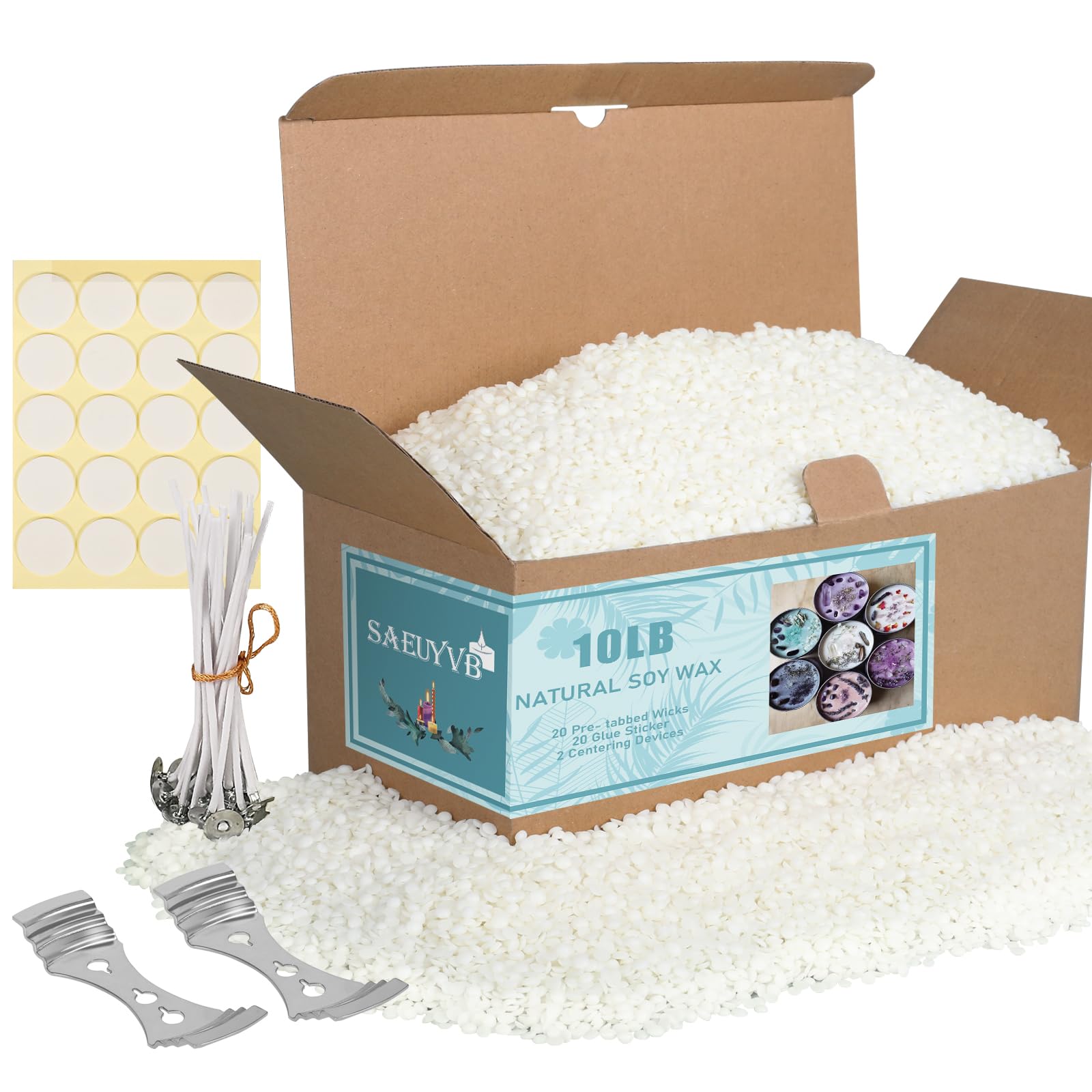 Premium Natural Soy Candle Wax for Candle Making - 10lb Bag of Granular Soy Wax with 20 Cotton Wicks, 20 Wick Stickers & 2 Centering Tools - Perfect for DIY Candles, Home Decor, and Aromatherapy Gifts
