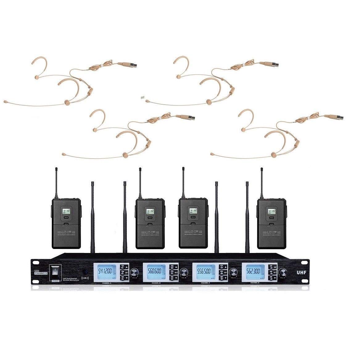 Professional UHF Wireless Headset Microphone - 4 Channel Theater Mic System for Stage, Church, Meetings & Performances | Durable Beige Design for Clear Audio in Live Events, Public Speaking & Worship Services