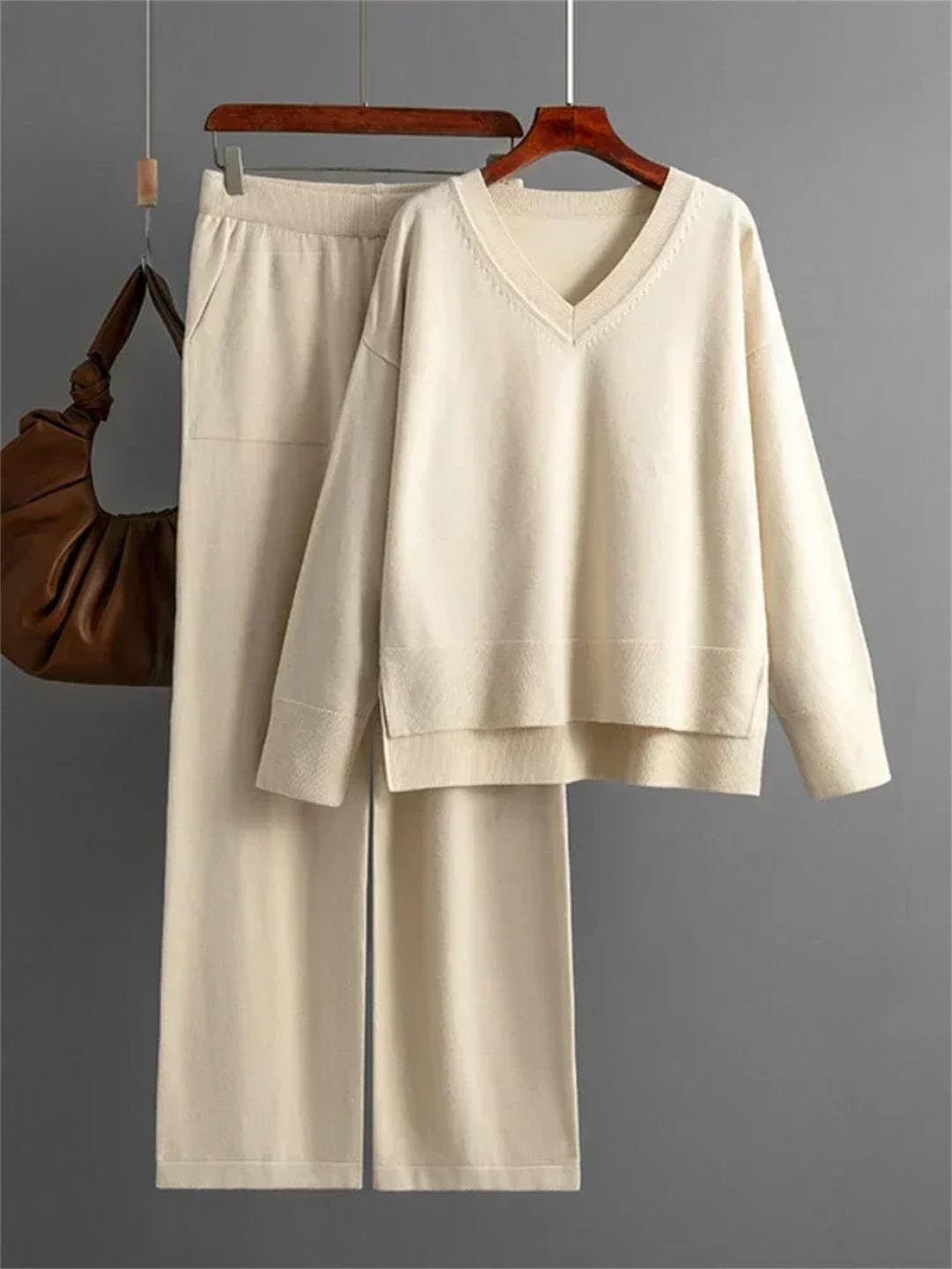 Women's Knitted Sweater 2-Piece Set - Winter Warm V-Neck Pullover & Straight Leg Jogging Pants Outfit | Cozy Lounge Wear for Home, Office & Casual Outings