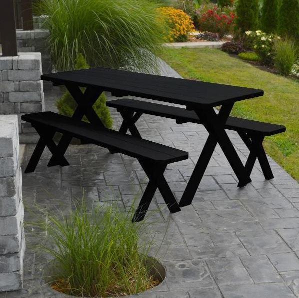 A&L Furniture Yellow Pine Cross Leg Dining Table with 2 Black Benches - Rustic Farmhouse Style for Kitchen, Dining Room, or Outdoor Patio