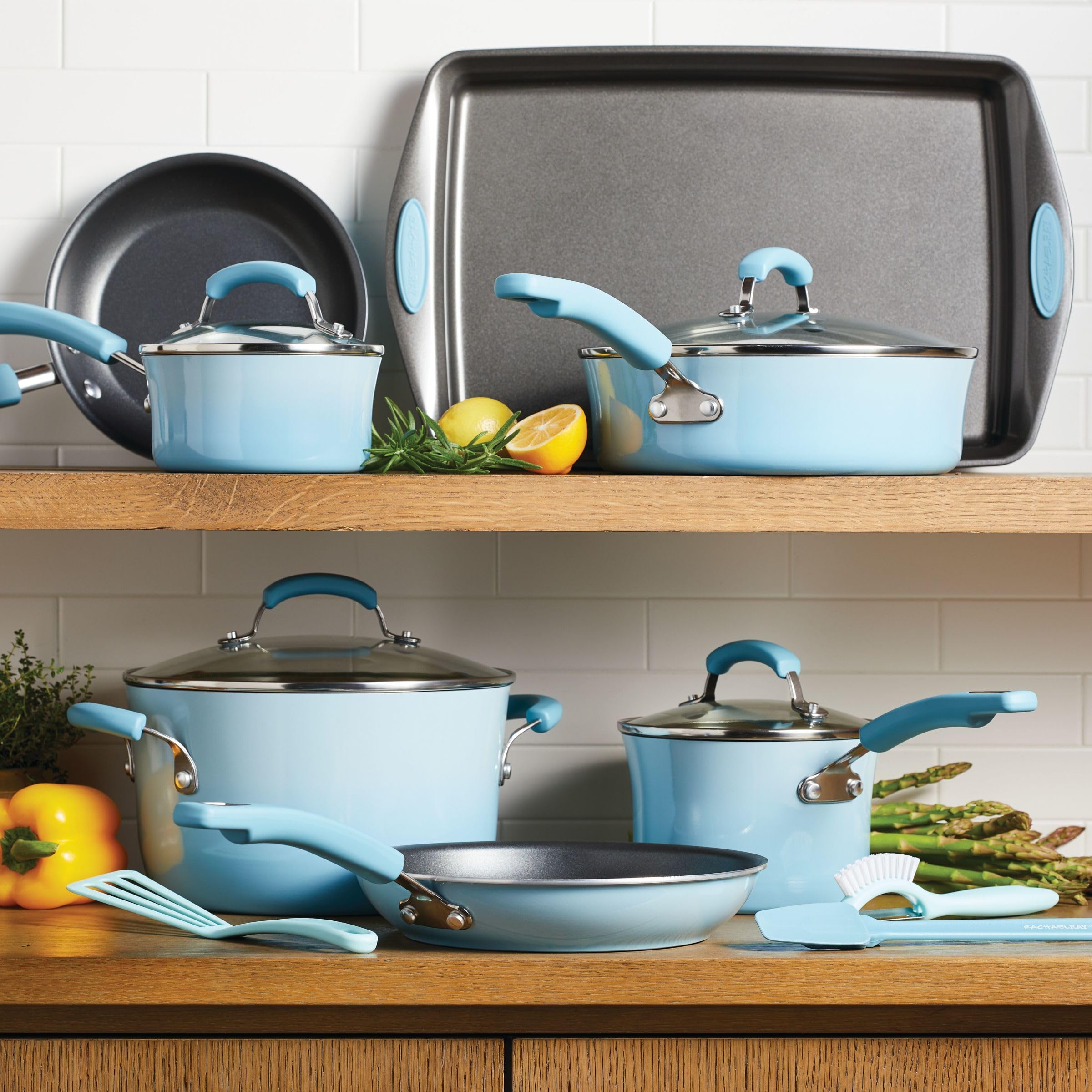 Rachael Ray Brights Nonstick 14-Piece Cookware Set with Crispy Sheet Baking Pan & Kitchen Tools - Sky Blue | Durable Pots & Pans for Baking, Roasting & Everyday Cooking