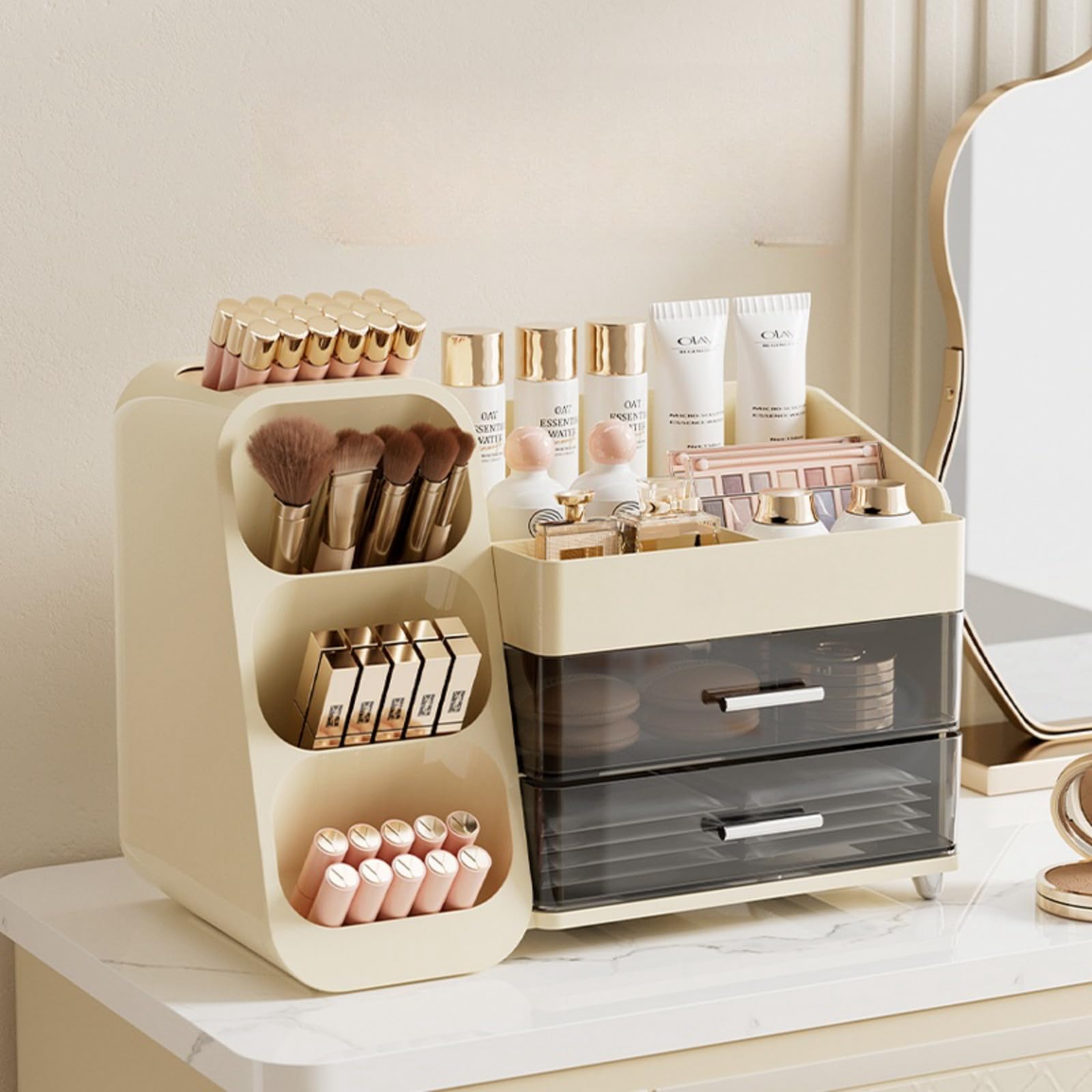 Makeup Organizer with Drawers - Spacious Cosmetic Storage Case for Vanity | Beauty Essential Organizer with Multiple Compartments | Perfect for Makeup Brushes, Lipsticks & Skincare Products (Cream)