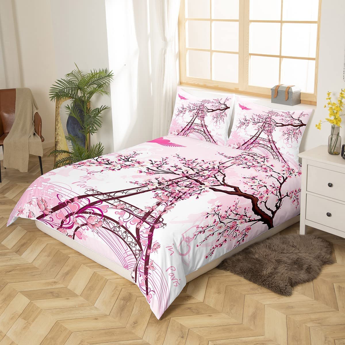 Eiffel Tower Duvet Cover Set - Cherry Blossom Design, Pink Botanical Bedding for Twin Size (2Pcs) | French Style Comforter Cover with Zipper Closure | Perfect for Teens Room Decor, Girls Bedroom & Romantic Parisian Themed Spaces