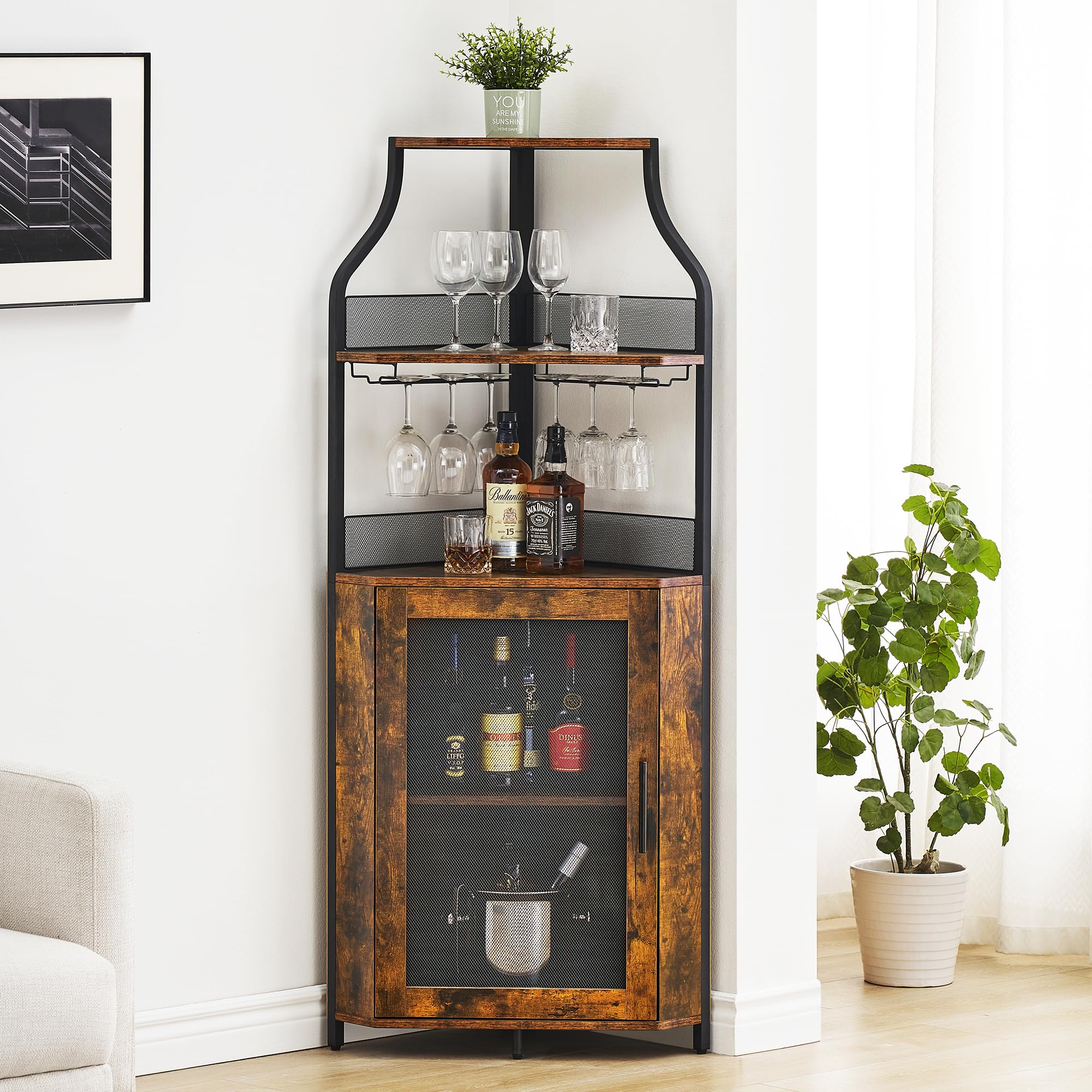 5-Tier Industrial Corner Wine Cabinet with Detachable Rack, Barn Door & Glass Holder - Rustic Brown Farmhouse Bar Cabinet for Dining Room, Kitchen or Home Bar Decor