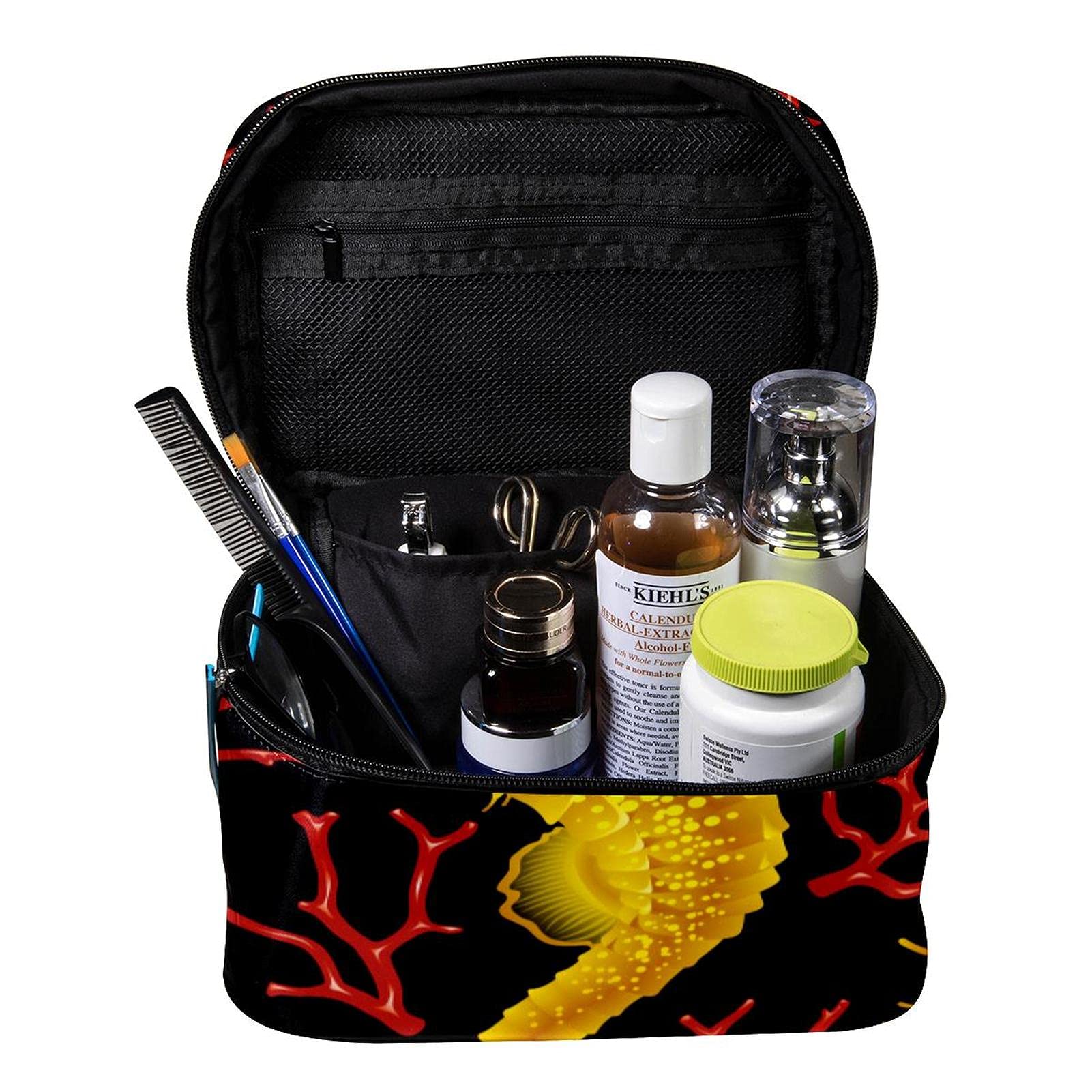 Yellow Seahorse Print Large Travel Makeup Bag - Waterproof Cosmetic Organizer with Zipper, Toiletry Pouch for Women & Girls (Perfect for Vacation, Gym, Beach Trips & Daily Essentials Storage)