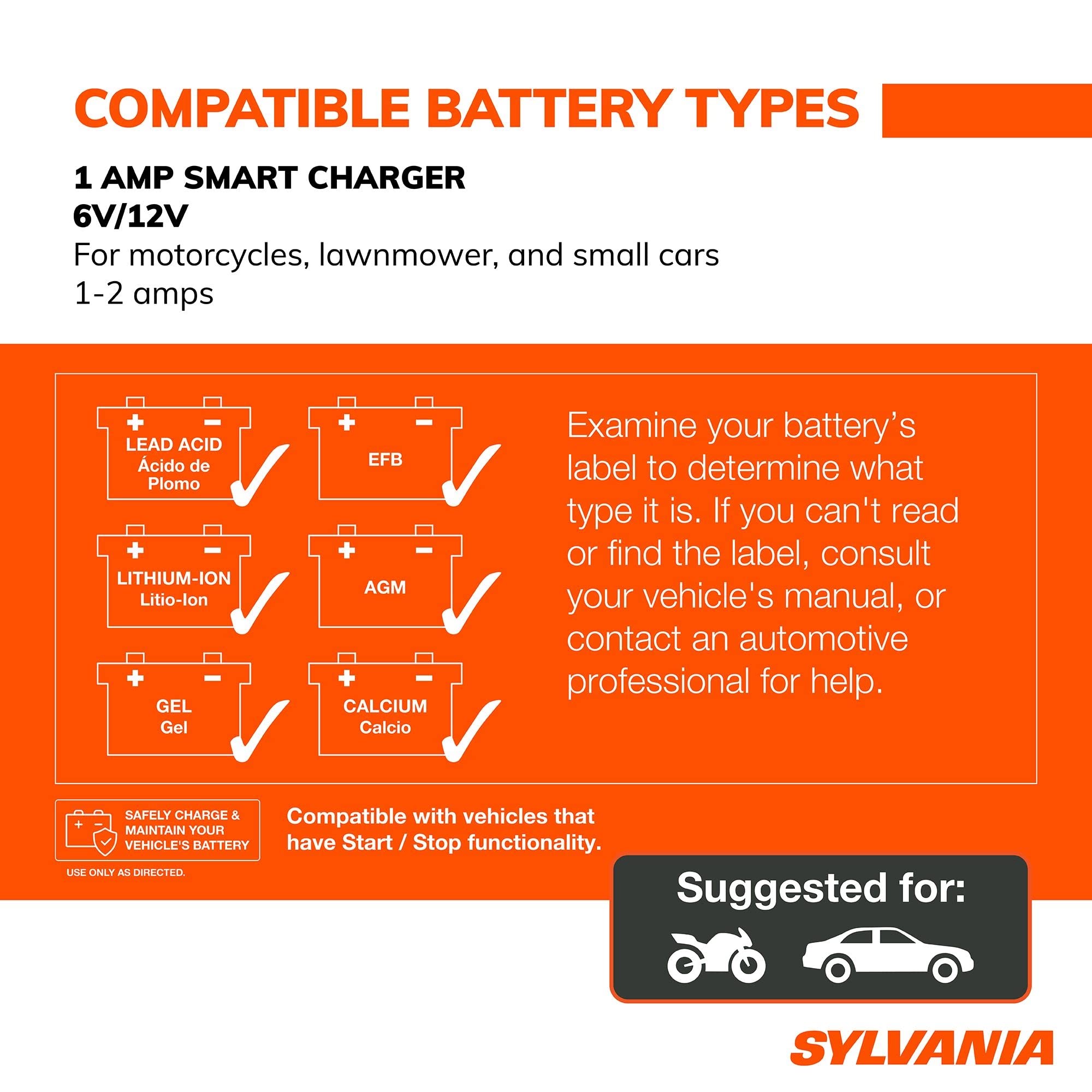 SYLVANIA Heavy-Duty 12V/24V 8A Smart Car Battery Charger & Maintainer - Portable Automotive Battery Charger for Cars, Trucks, SUVs - Perfect for Winter Storage, Long Trips & Emergency Jump Starts
