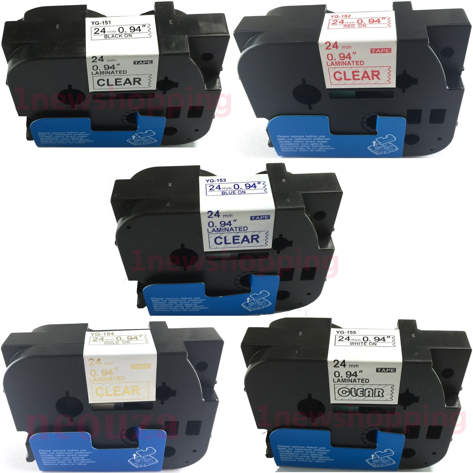 NEOUZA 5PK Brother P-Touch Laminated Tze TZ Label Tape Cartridge 24mm x 8m - 5 Color Set (Black, Red, Gold, Blue, White on Clear) for Office, Home & Retail Organization