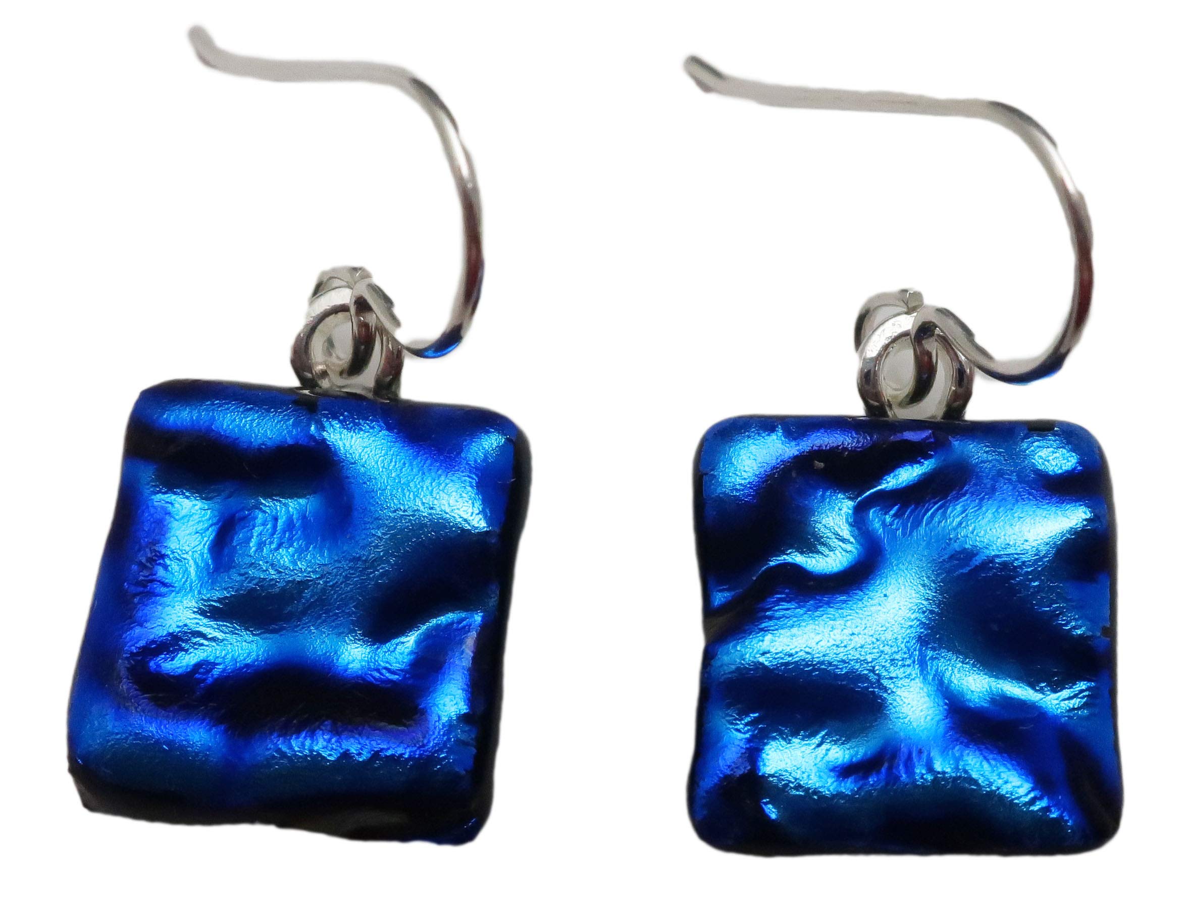 Lightweight Textured Fused Bright Blue Dichroic Glass Sterling Silver Earrings N123 | Handmade Jewelry for Women | Perfect for Parties, Weddings & Special Occasions