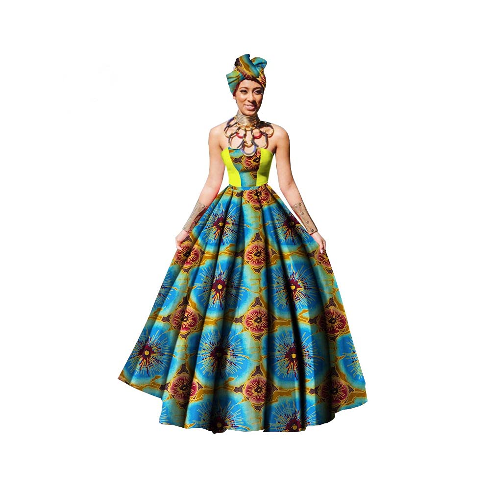 BAZINRICHE African Print Dashiki Ball Gown Dress for Women - Strapless Maxi Party Dress with Matching Headscarf (No Necklace Included) | Perfect for Weddings, Cultural Events & Special Occasions