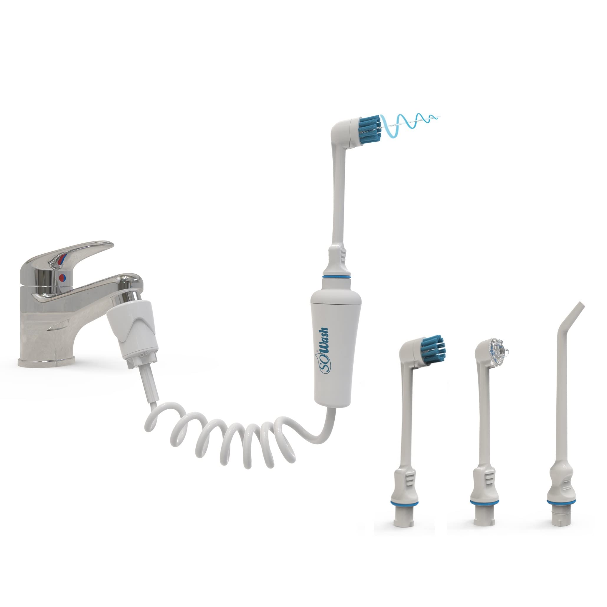 Jet Dentaire SOWASH TRIO - Hydropulseur Dentaire Sans Piles ni Électricité, Connexion Robinet, 3 Têtes (Vortice, Vortice Brush, Hydrojet) - Produit Italien pour une Hygiène Buccale Professionnelle à Domicile