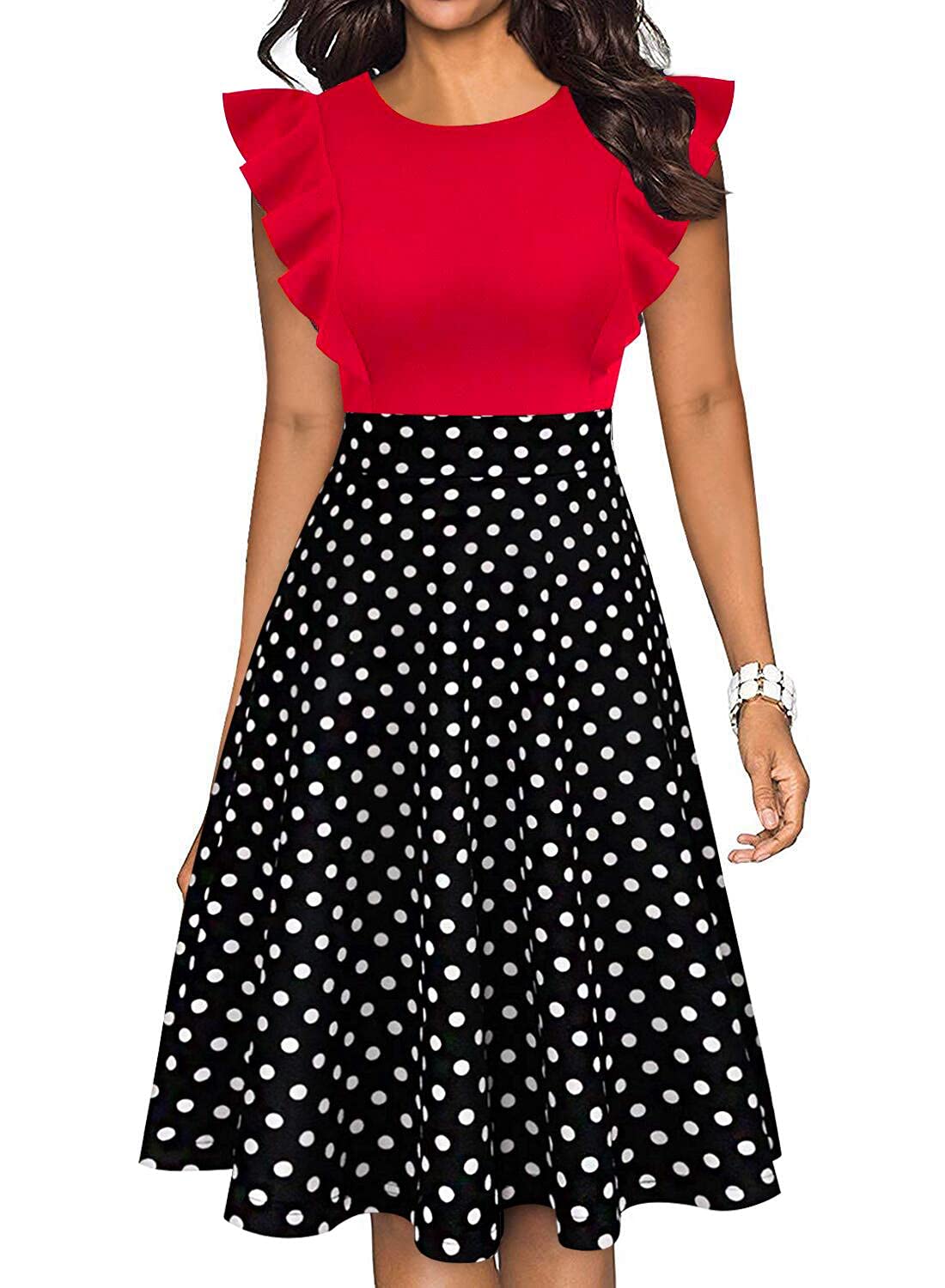 Vintage Floral Ruffle A-Line Swing Dress for Women - Elegant Cocktail Party Dress with Pockets | Perfect for Weddings, Date Nights & Special Occasions