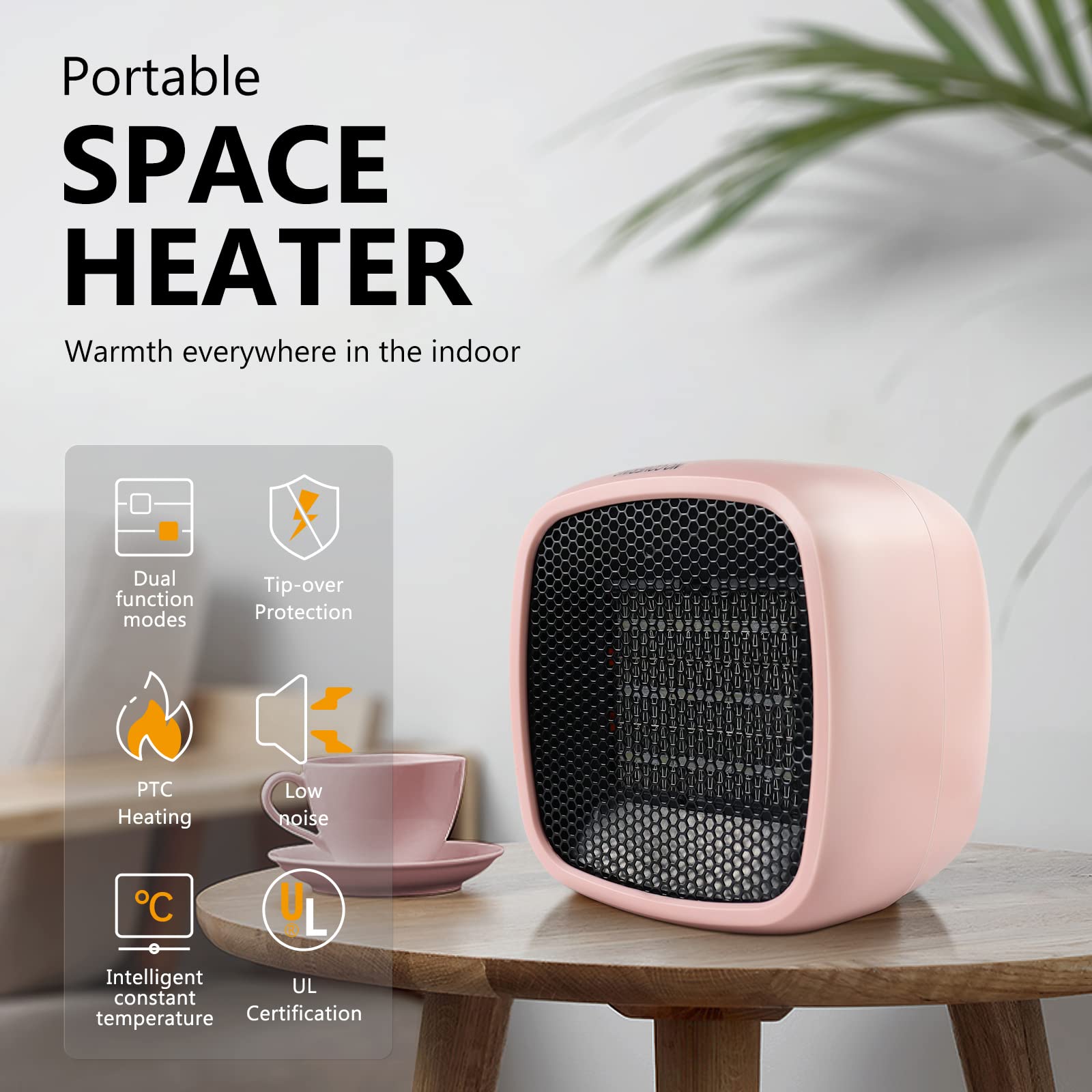 YOUCIDI 1000W/800W Portable Ceramic Space Heater - Fast 2-Second Heating, Compact & Quiet Electric Heater for Office, Desk, Bedroom - Safe Indoor Use (Pink) | Perfect for Winter Warmth & Small Spaces