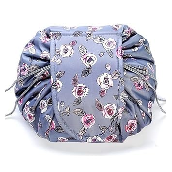 Keetly Stylish Portable Lazy Cosmetic Bag with Drawstrings | Waterproof Makeup Pouch for Women & Girls | Large Capacity Travel Toiletry Organizer | Perfect for Gym, Vacation, and Daily Use (Grey Rose)