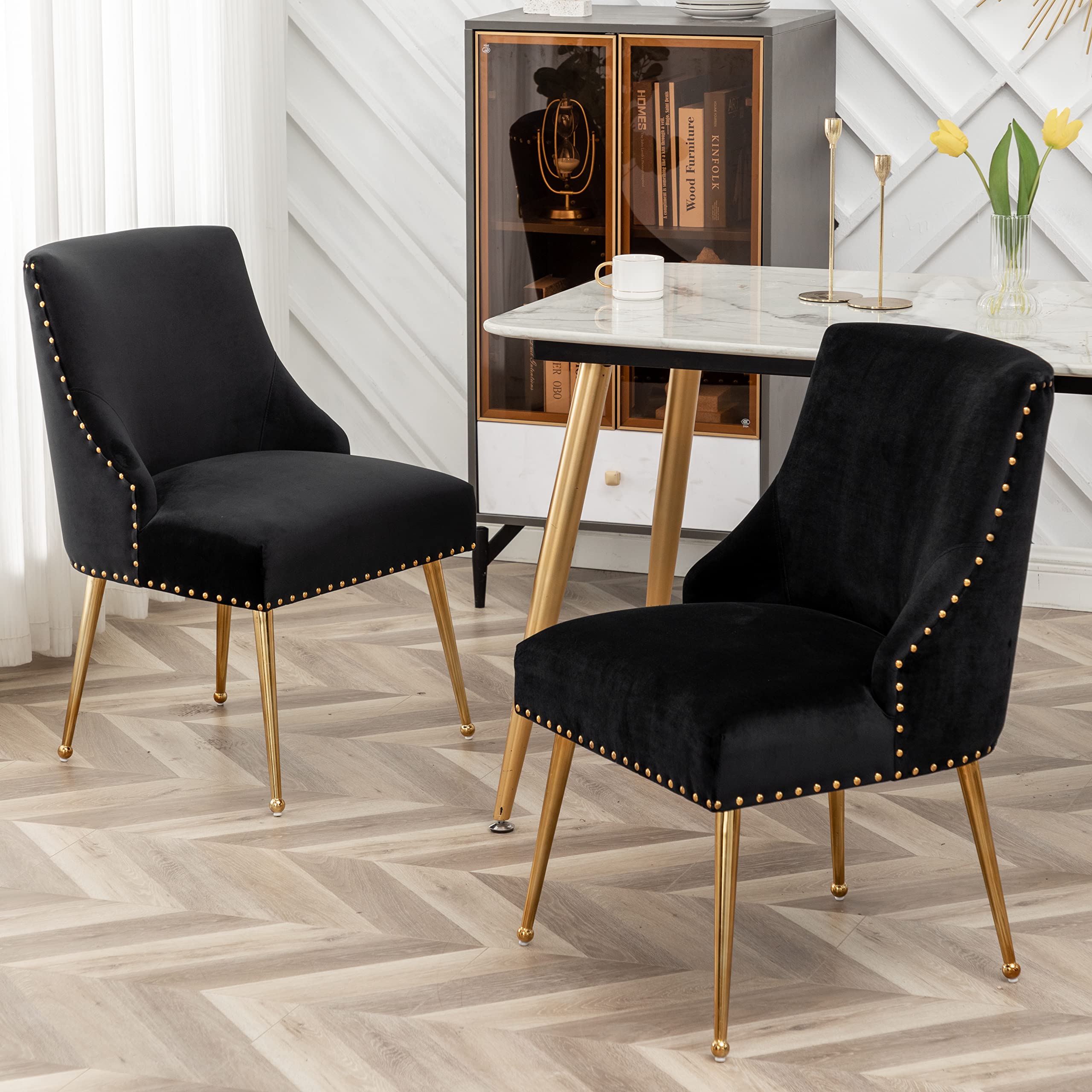 SEYNAR Modern Velvet Dining Chairs Set of 2 - Gold Leg Upholstered Kitchen & Living Room Chairs - Tufted Fabric Accent Chairs for Bedroom, Reception & Guest Room (Black) | Perfect for Home Decor, Dinner Parties & Cozy Seating Areas