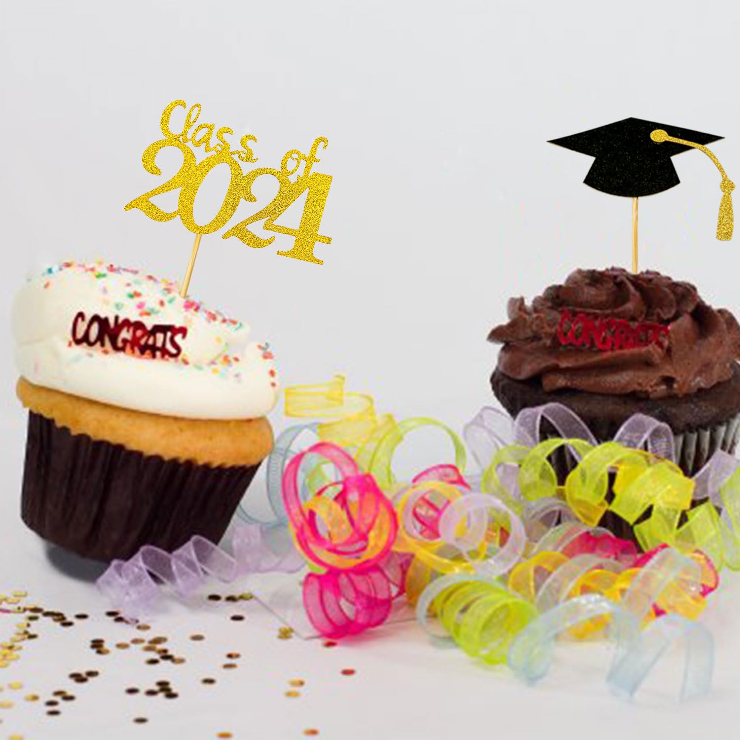 2025 Graduation Cupcake Toppers - 48pcs Glitter Gold & Black Grad Cap & Diploma Decorations for Graduation Party | Class of 2025 Dessert Toppers for Cakes, Cupcakes & Treats - Perfect for Graduation Ceremony, School Party & Celebration Decor