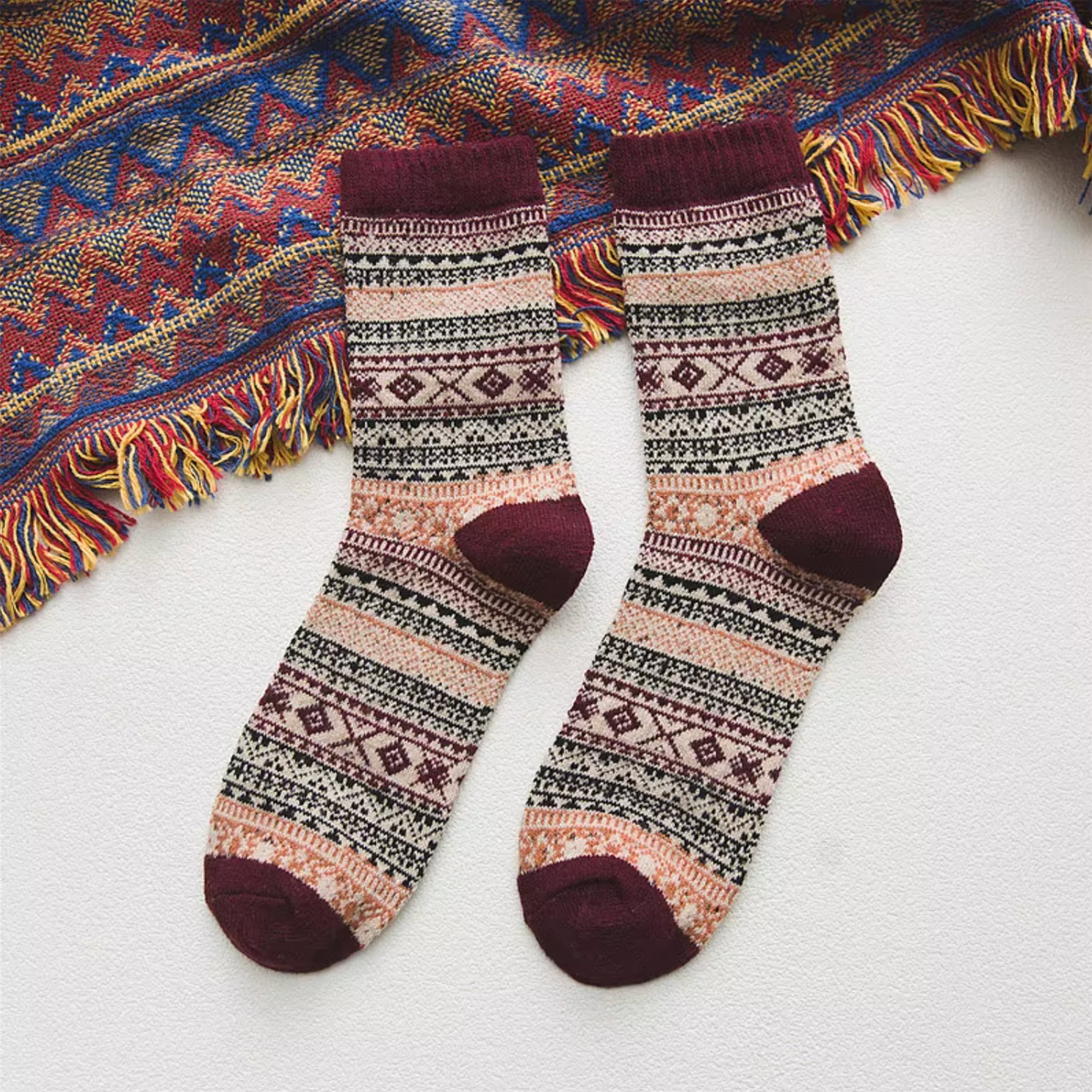 Nordic Style Cozy Knit Socks - Red Winter Warm Wool Blend Socks for Women & Men - Perfect for Christmas Gifts, Home & Office Wear