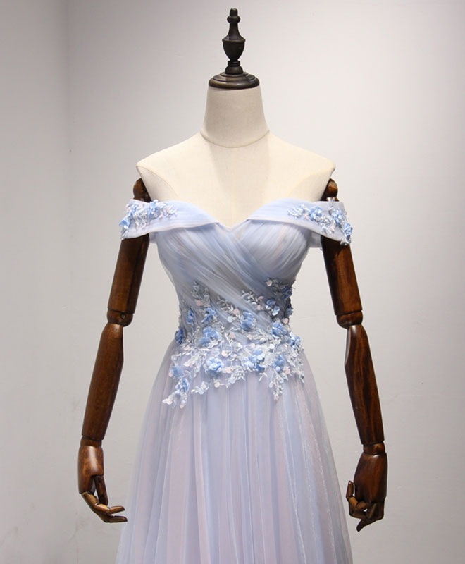Elegant Light Blue Tulle Lace Long Prom Dress with Floral Embroidery - Formal Evening Gown for Homecoming, Quinceañera & Wedding Guest - Perfect for Prom Night, Ball Gowns & Special Occasions