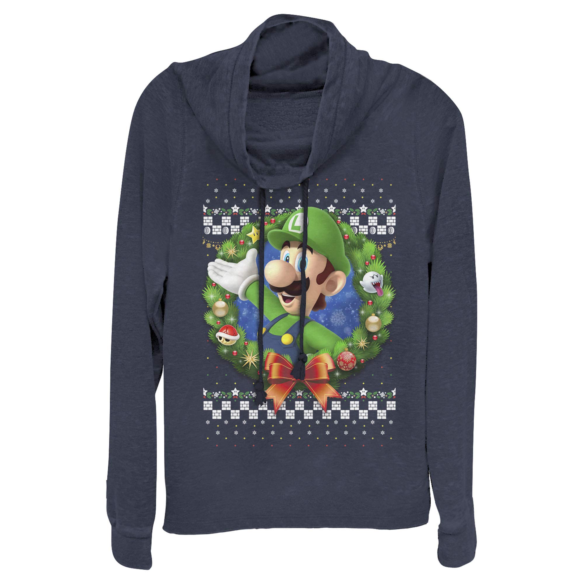 Junior's Nintendo Christmas Luigi Wreath Cowl Neck Sweatshirt - Festive Holiday Gaming Apparel for Kids & Teens - Perfect for Christmas Parties, Gaming Events & Cosplay